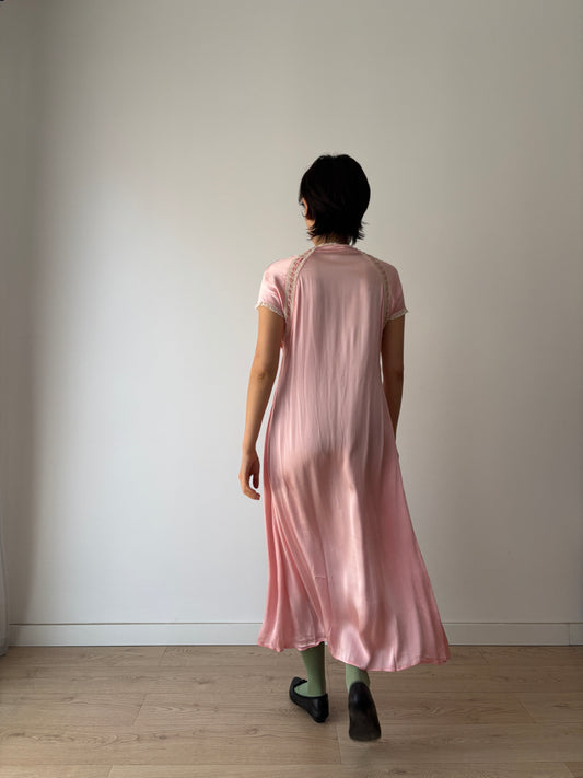 1940s Vintage Lace Pale Pink Silk Satin Embroidered Nightgown