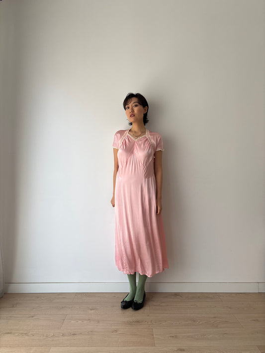 1940s Vintage Lace Pale Pink Silk Satin Embroidered Nightgown