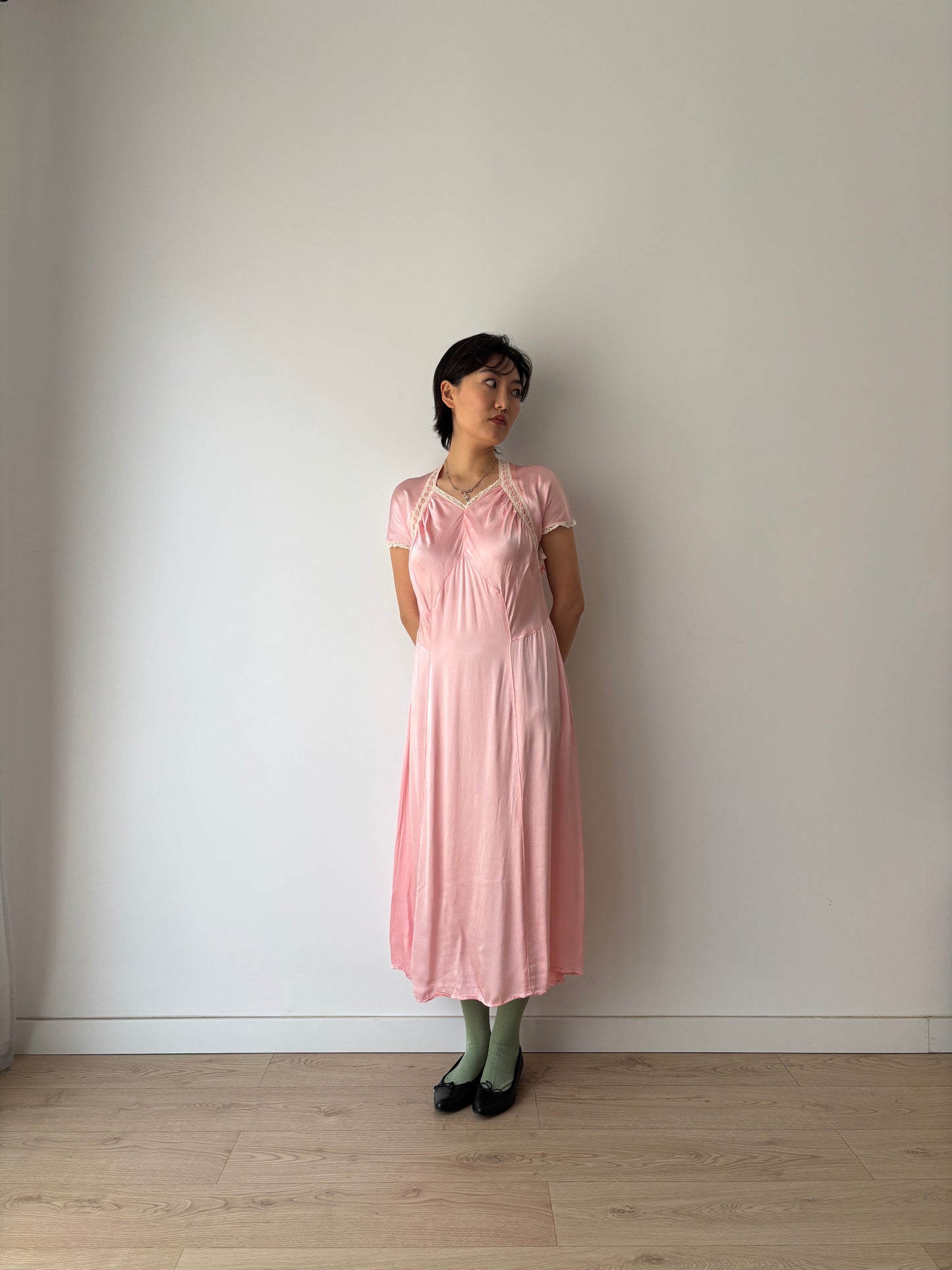 1940s Vintage Lace Pale Pink Silk Satin Embroidered Nightgown