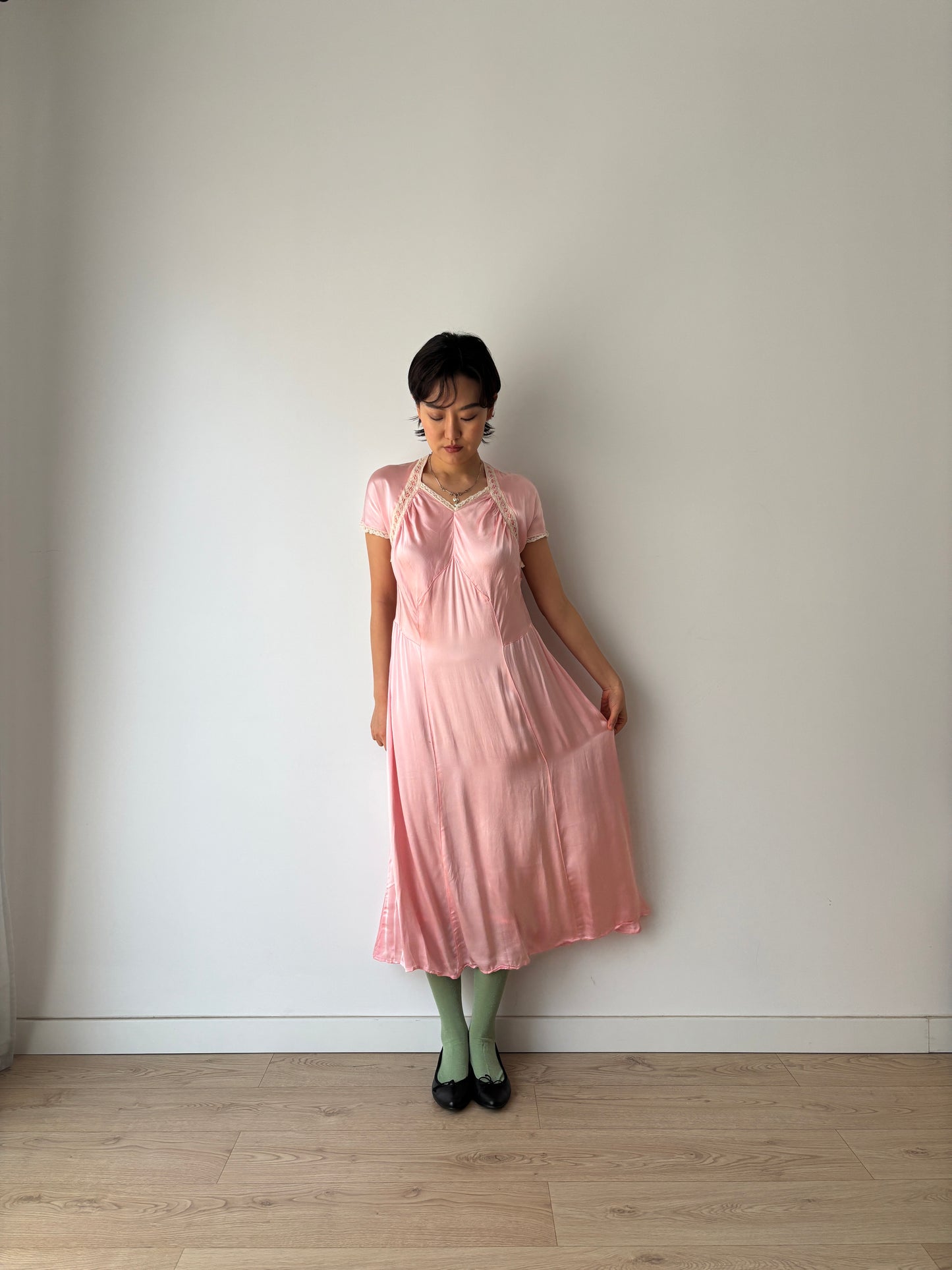 1940s Vintage Lace Pale Pink Silk Satin Embroidered Nightgown