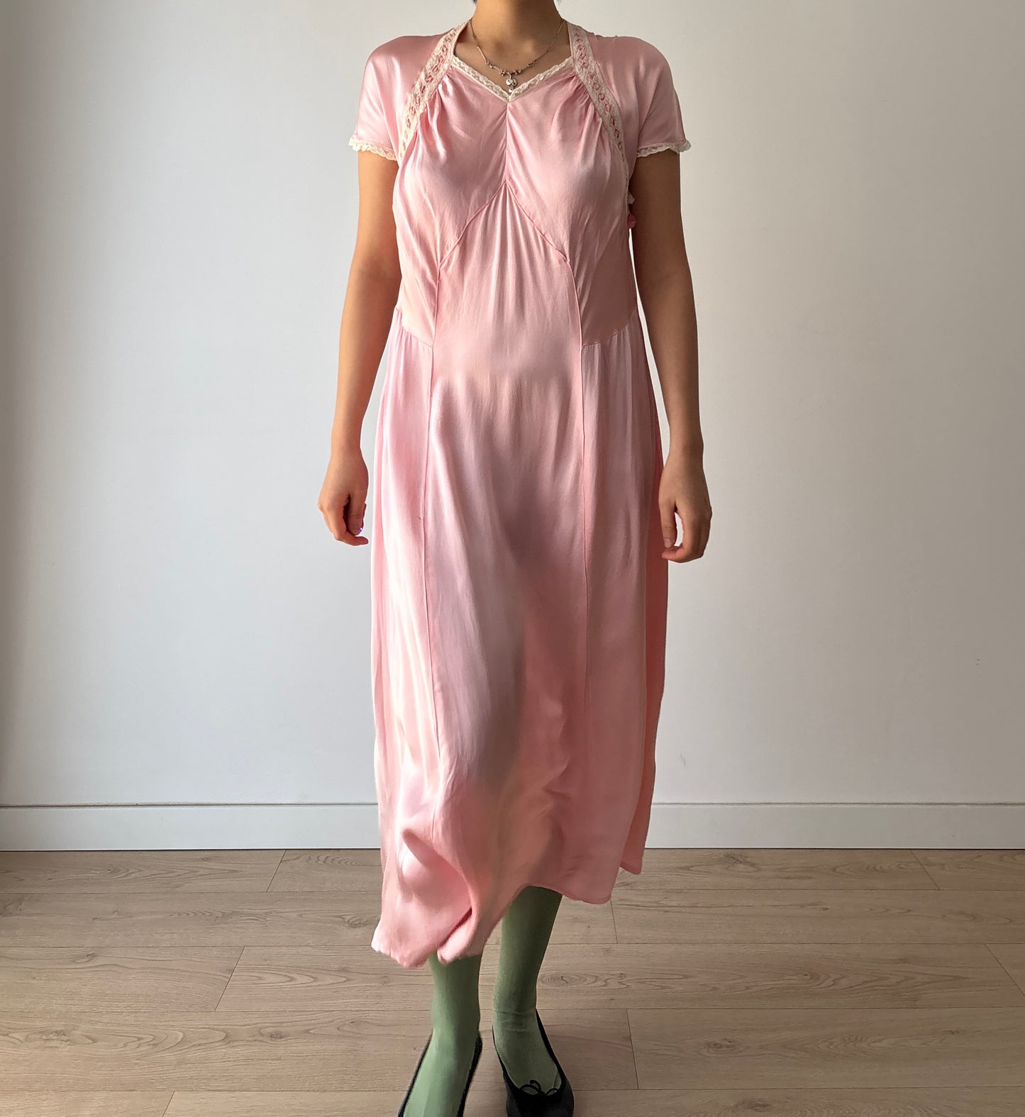 1940s Vintage Lace Pale Pink Silk Satin Embroidered Nightgown