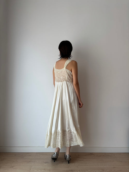 1940s Antique White Lace Liquid Silk Satin Bridal Slip Dres