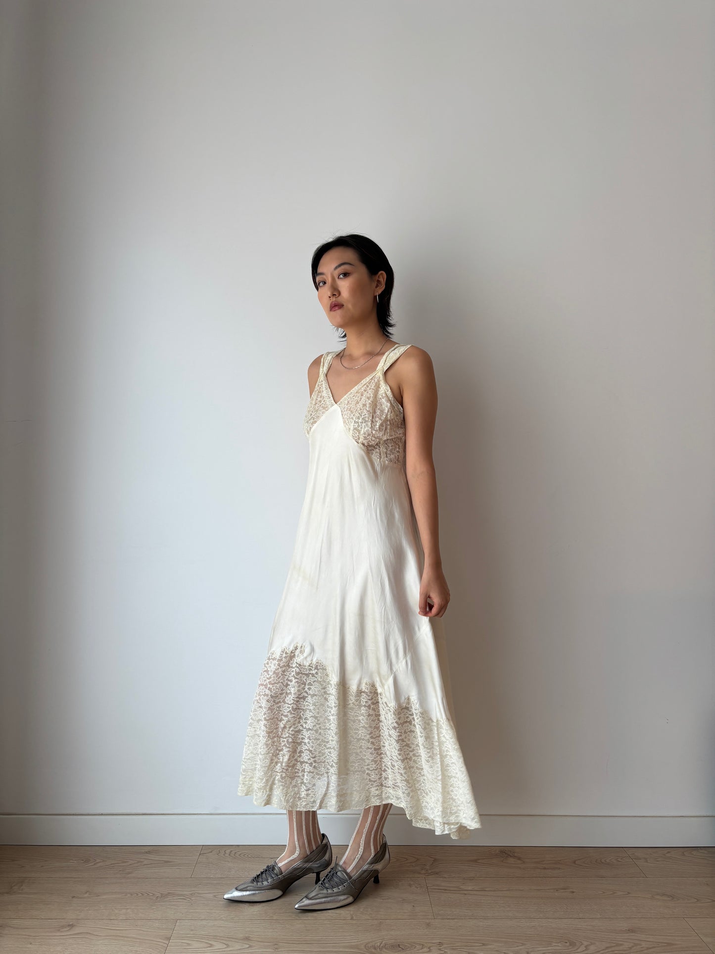 1940s Antique White Lace Liquid Silk Satin Bridal Slip Dres