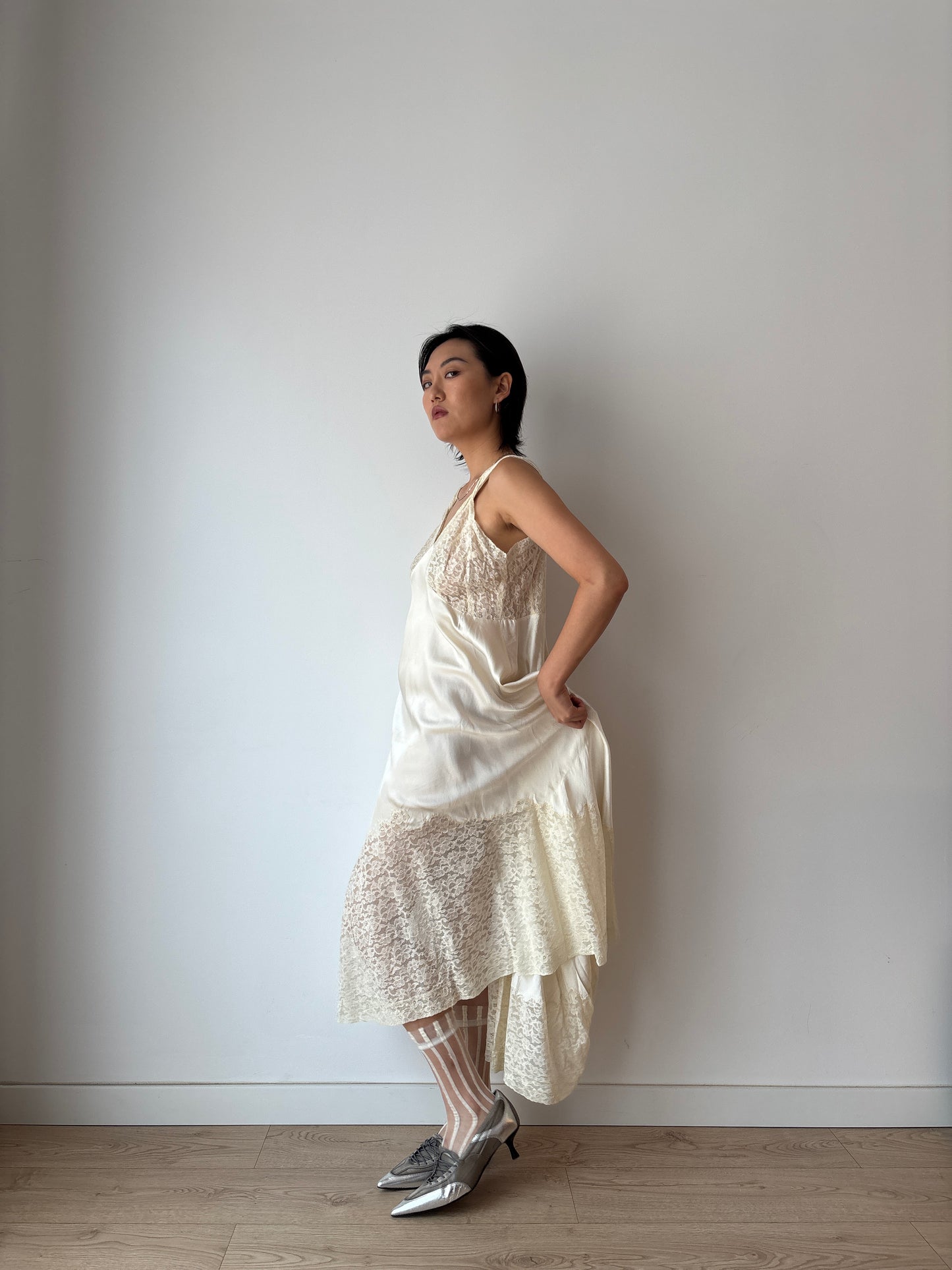 1940s Antique White Lace Liquid Silk Satin Bridal Slip Dres