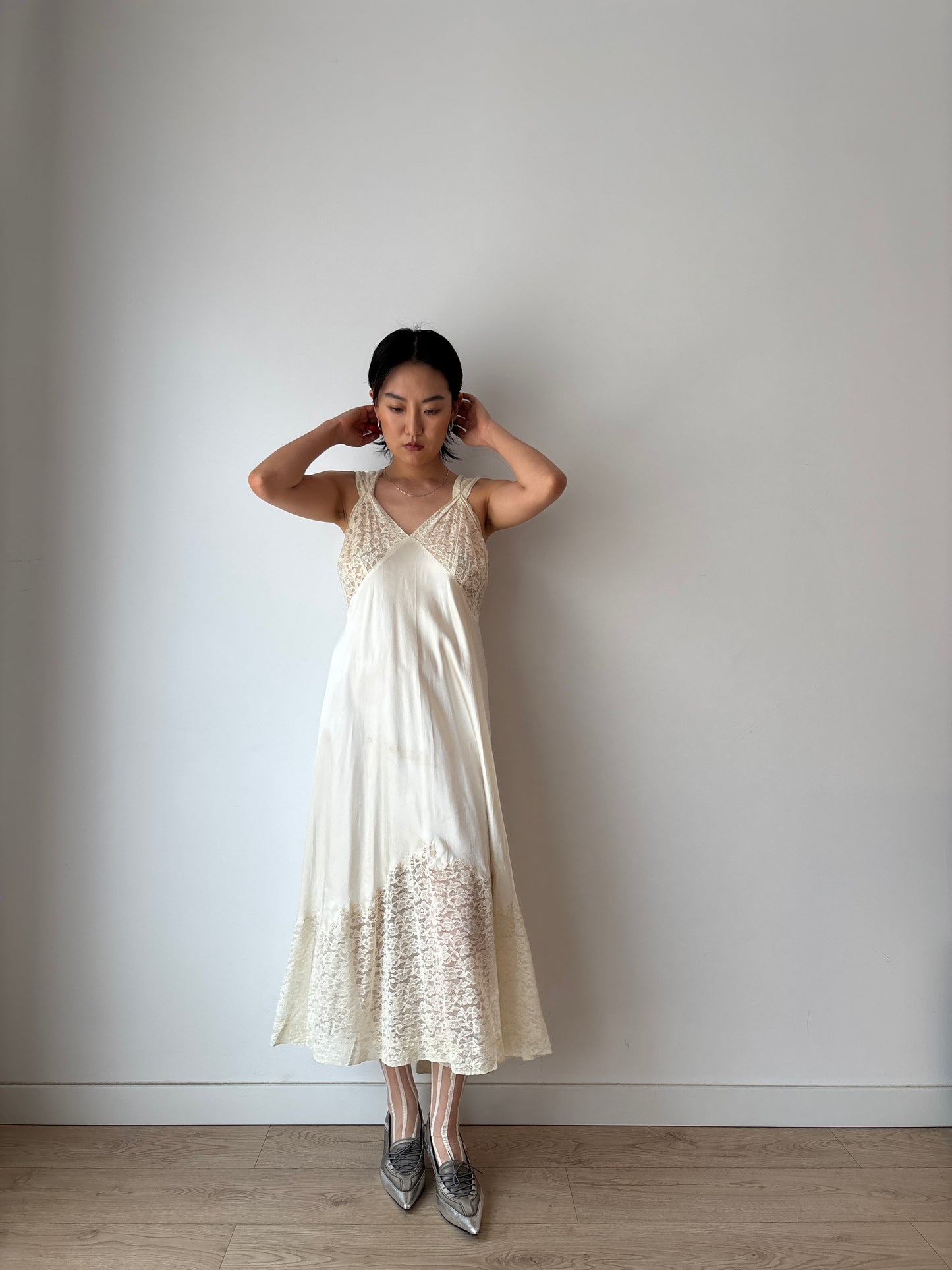 1940s Antique White Lace Liquid Silk Satin Bridal Slip Dres