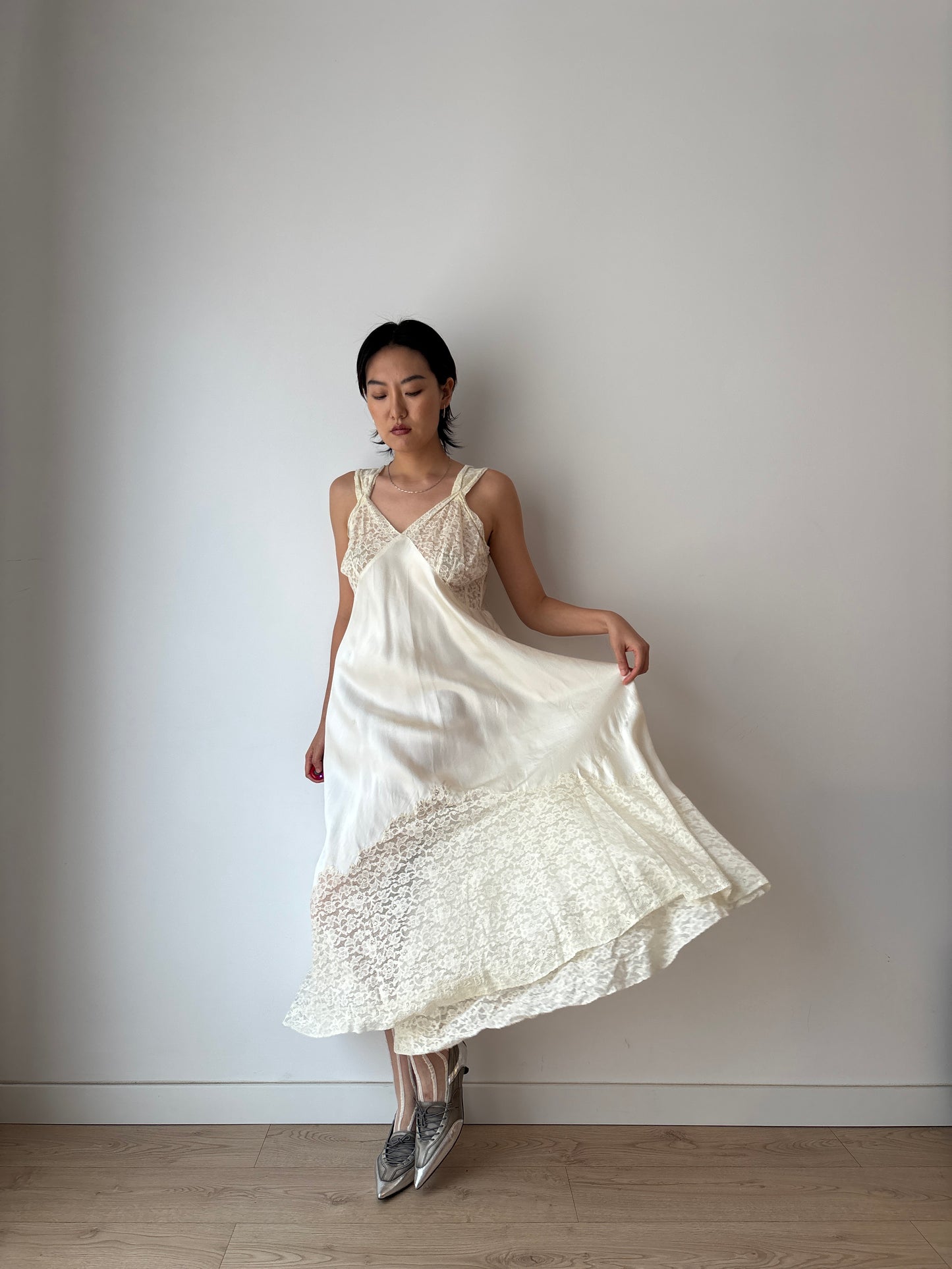 1940s Antique White Lace Liquid Silk Satin Bridal Slip Dres