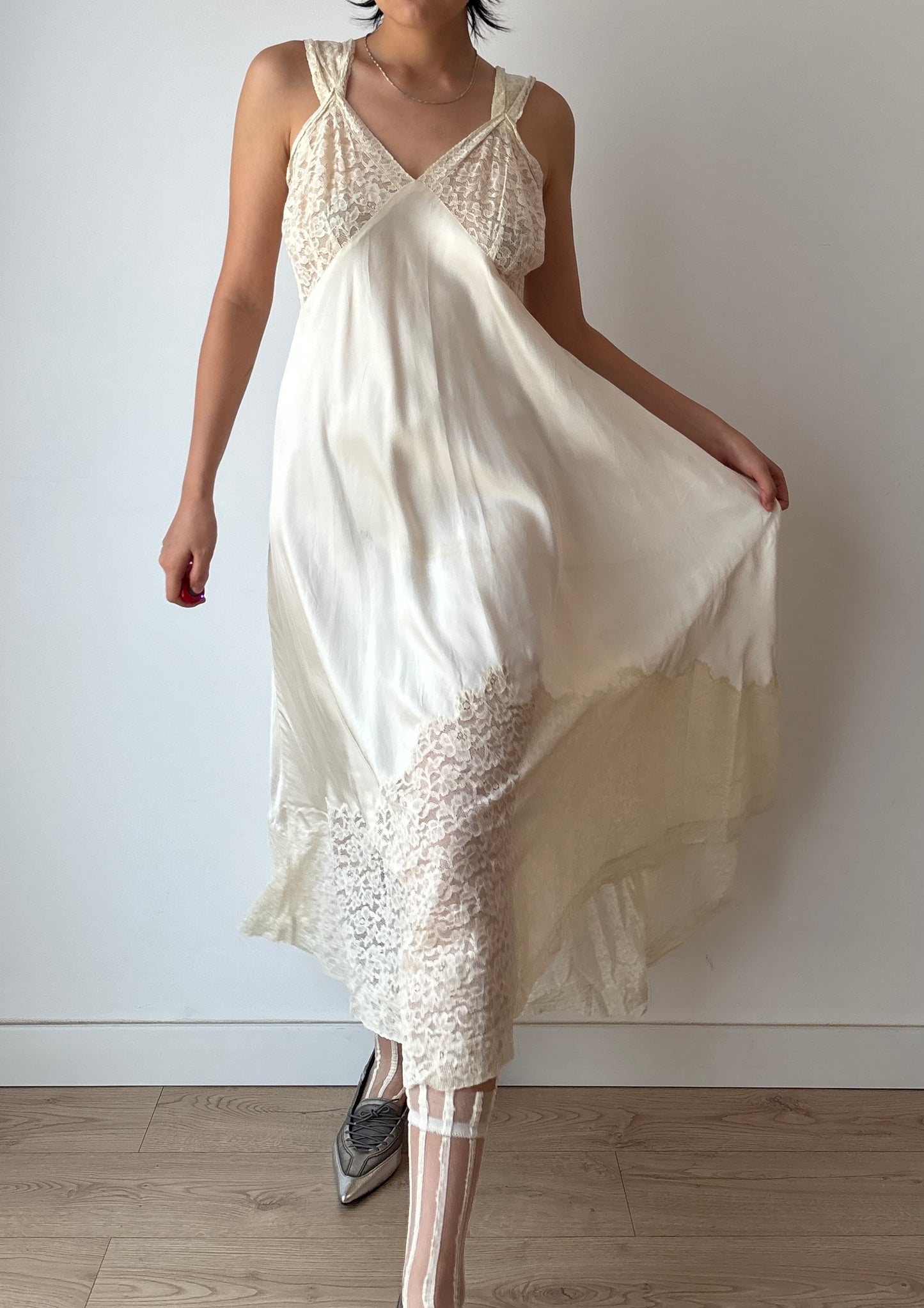 1940s Antique White Lace Liquid Silk Satin Bridal Slip Dres