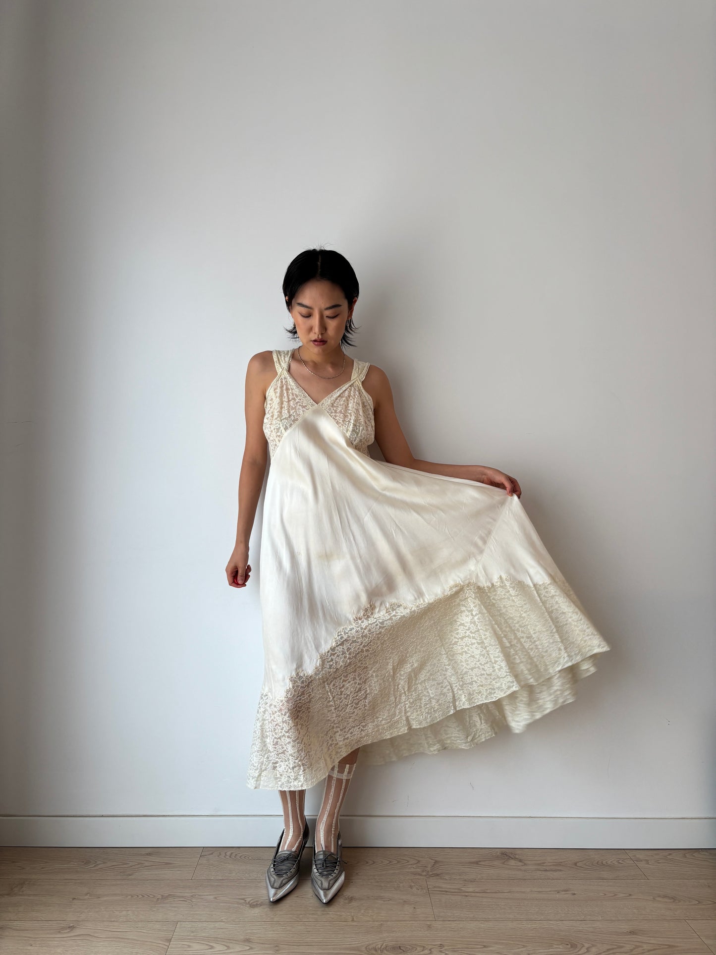 1940s Antique White Lace Liquid Silk Satin Bridal Slip Dres