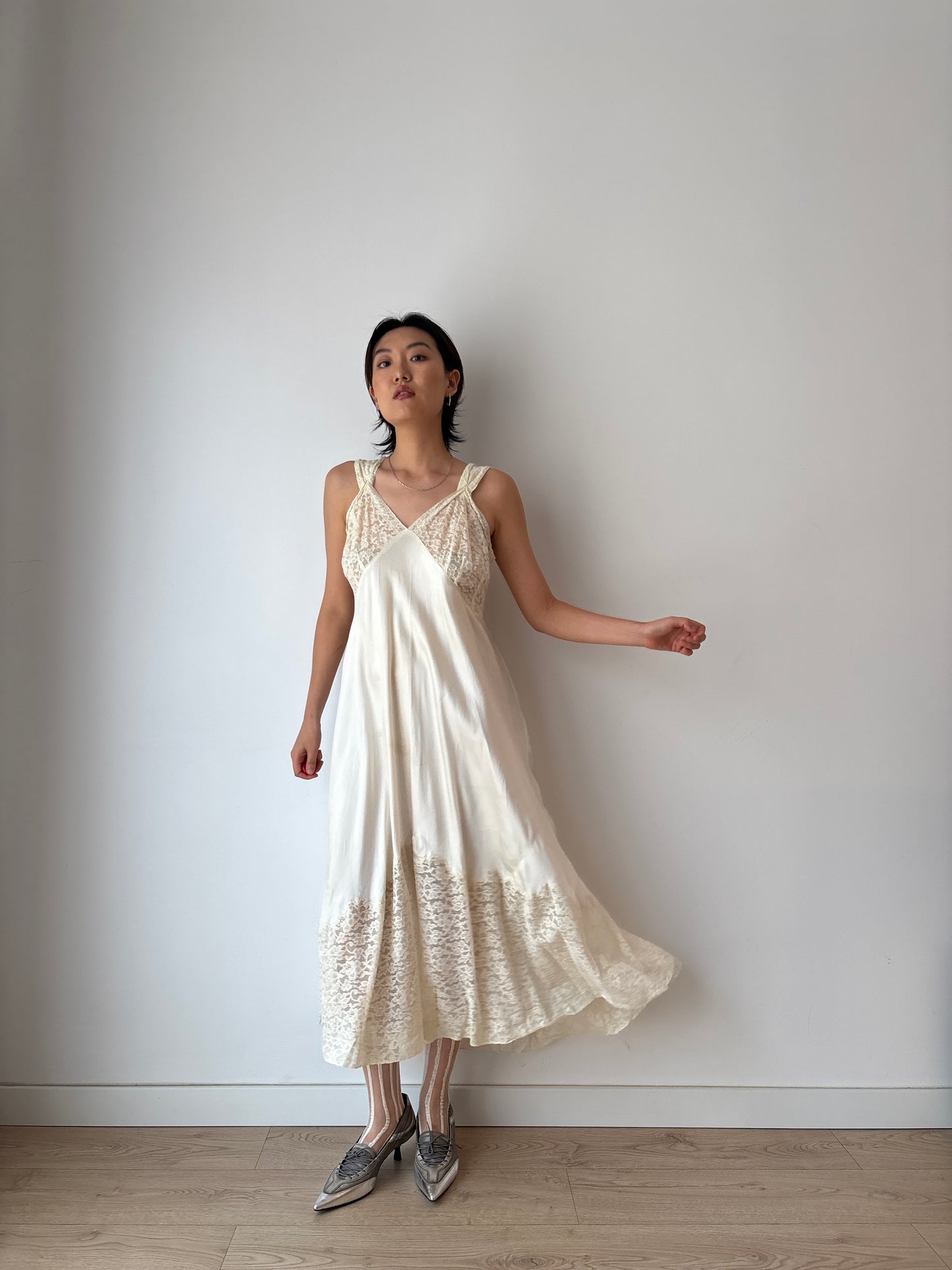 1940s Antique White Lace Liquid Silk Satin Bridal Slip Dres