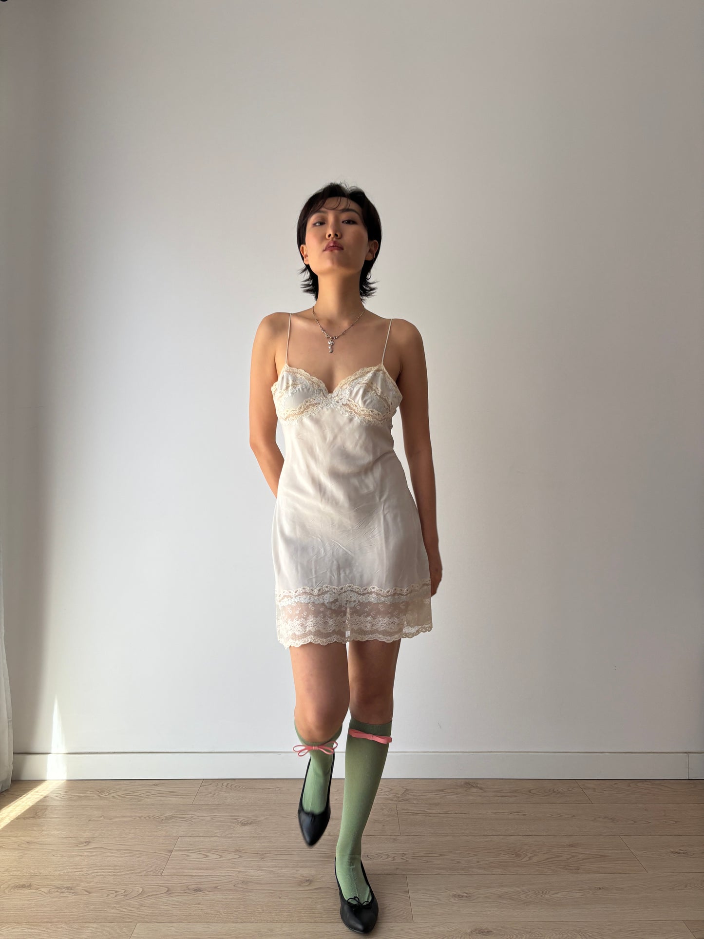 1930s Blue Lace Silk Camisole Slip Dress, Embroidered Lingerie
