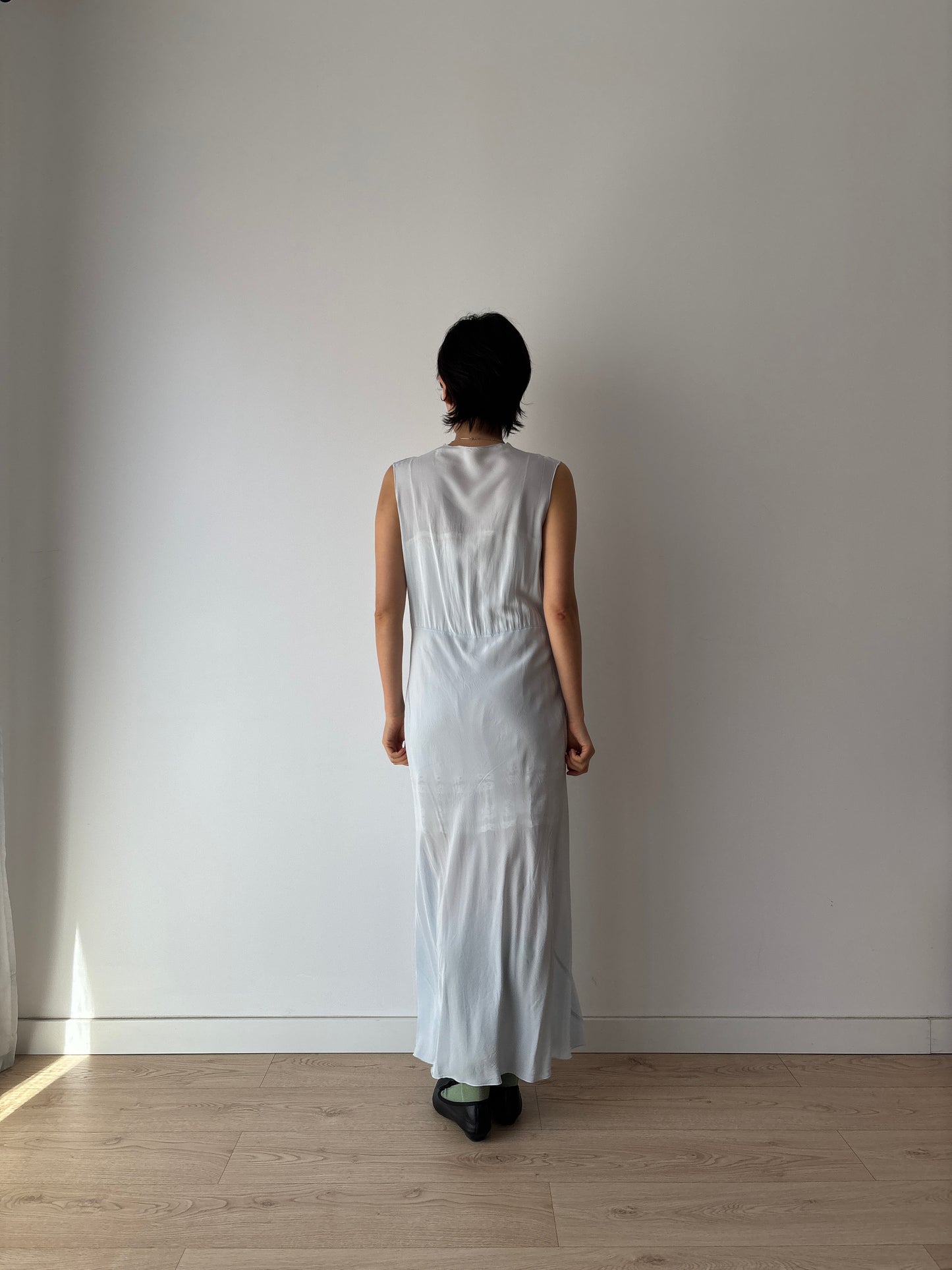 1930s Bias Cut Silk Crepe Gown in Blue