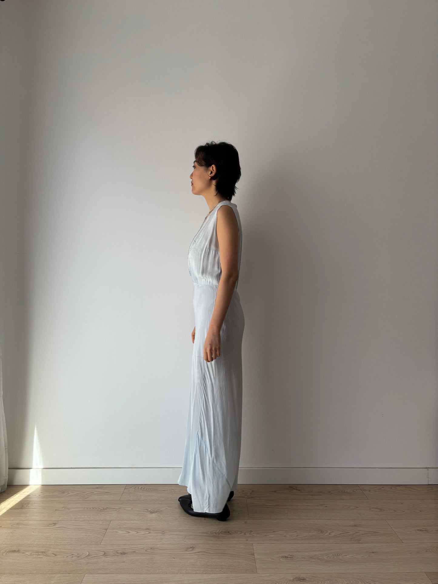 1930s Bias Cut Silk Crepe Gown in Blue