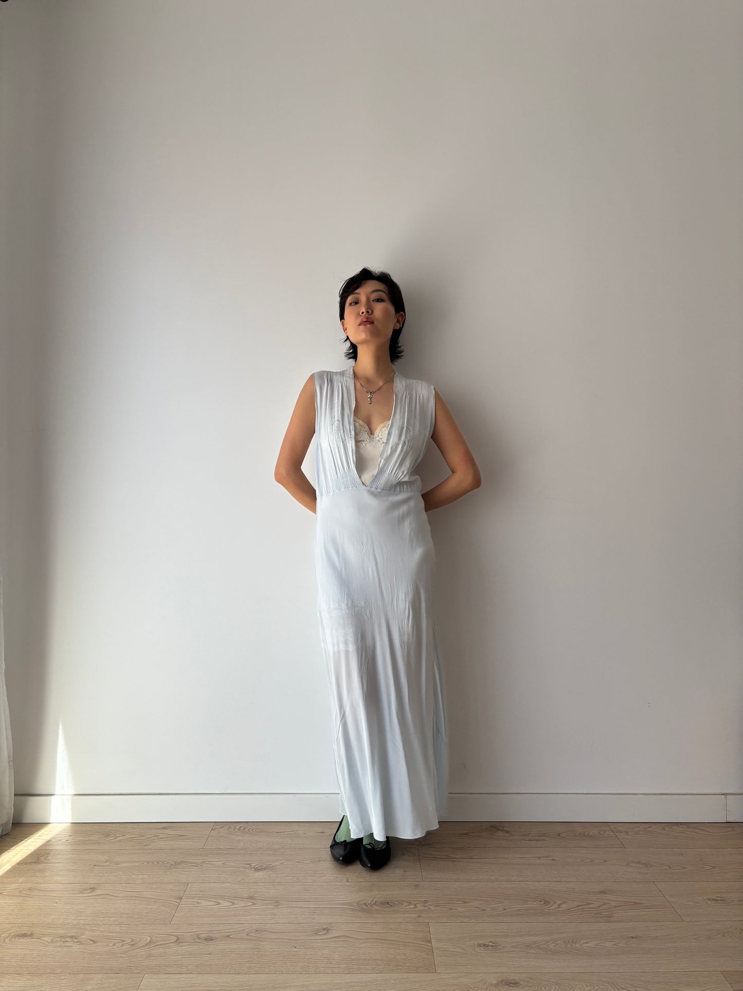 1930s Bias Cut Silk Crepe Gown in Blue