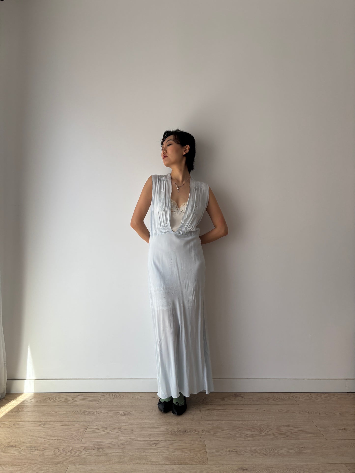 1930s Bias Cut Silk Crepe Gown in Blue