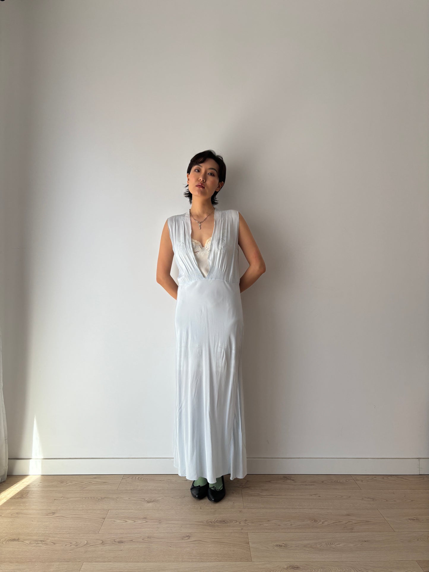 1930s Bias Cut Silk Crepe Gown in Blue
