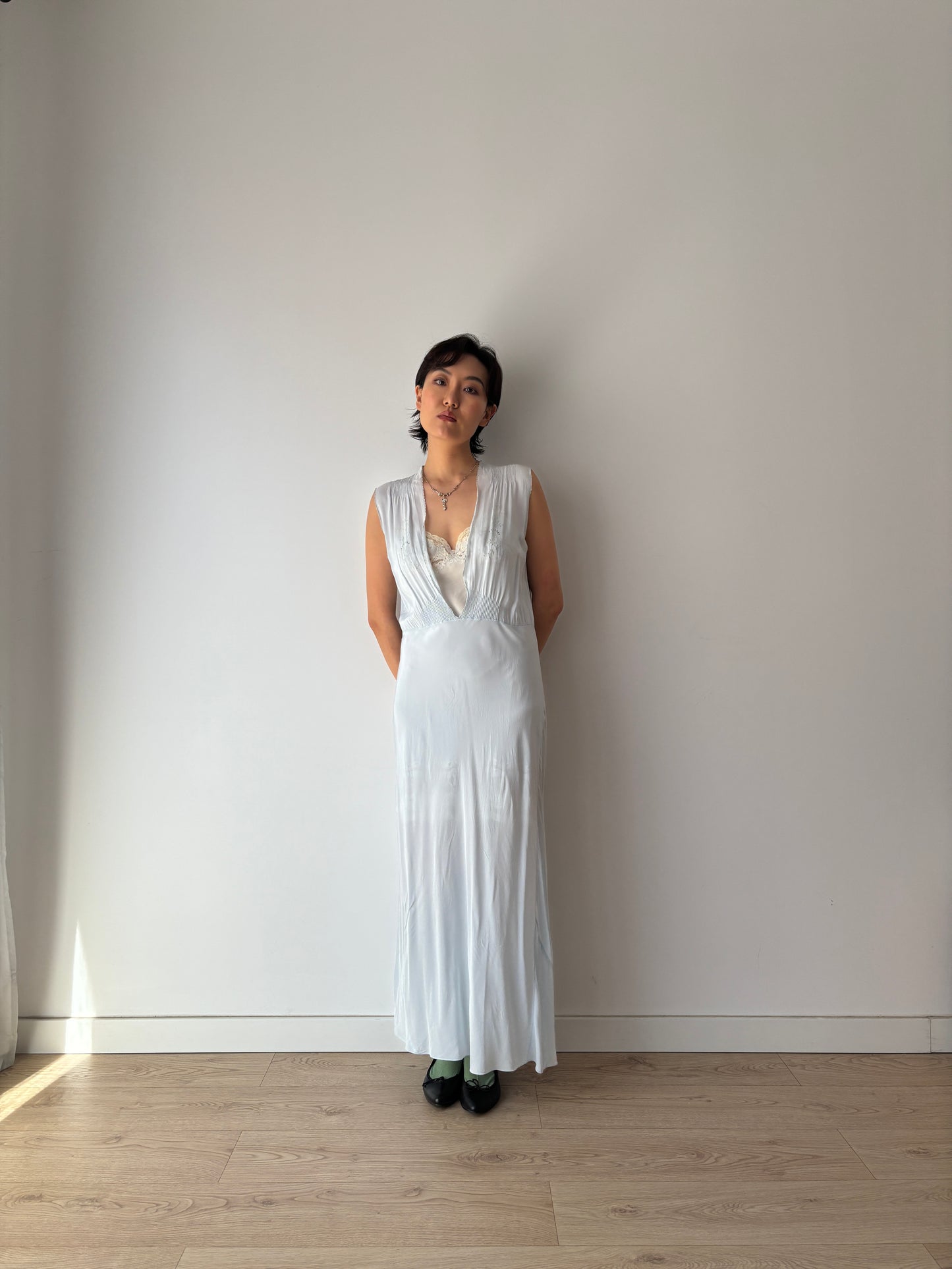 1930s Bias Cut Silk Crepe Gown in Blue