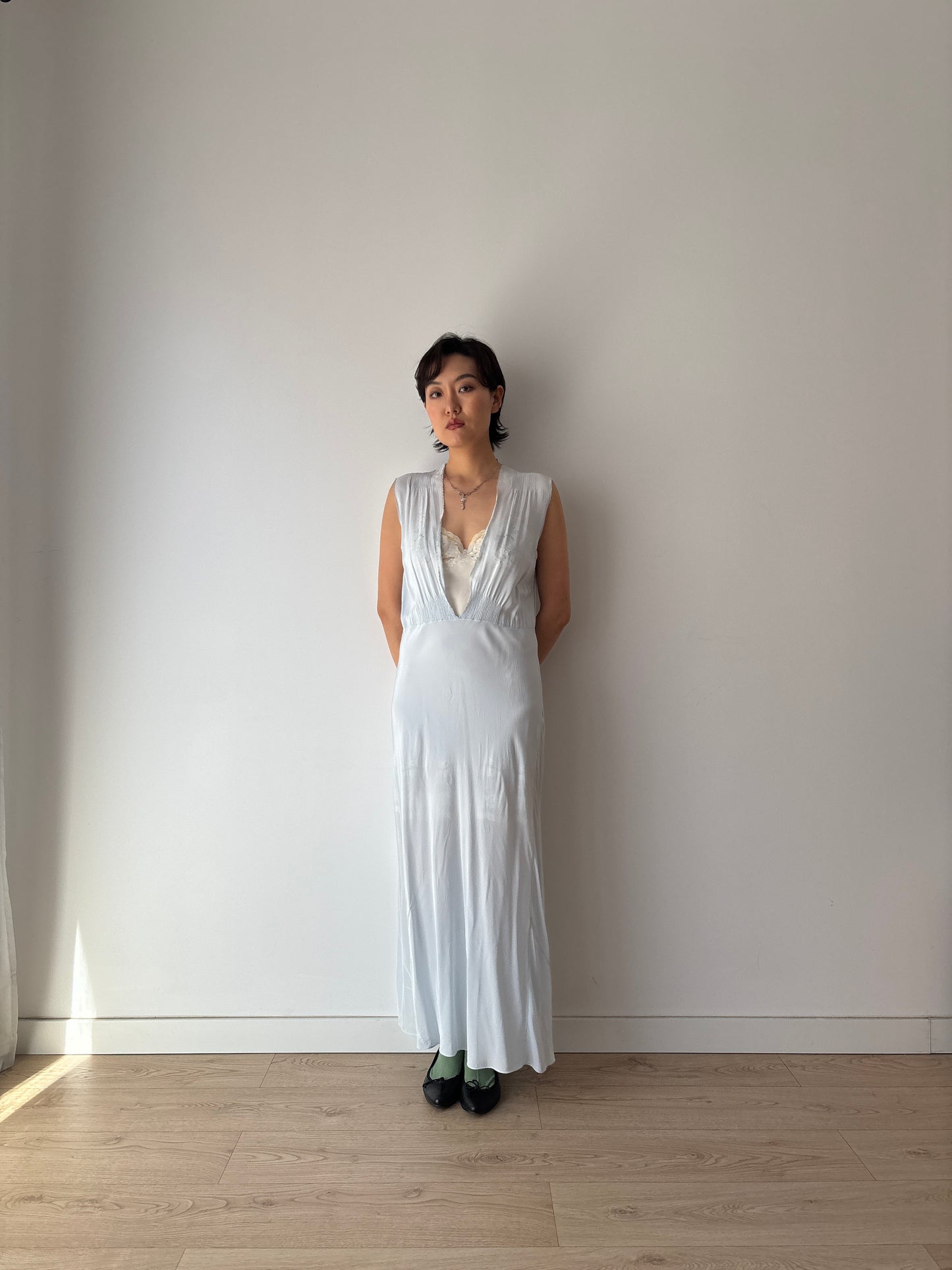 1930s Bias Cut Silk Crepe Gown in Blue