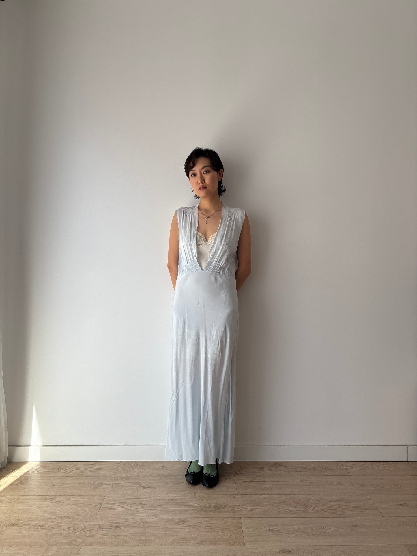 1930s Bias Cut Silk Crepe Gown in Blue