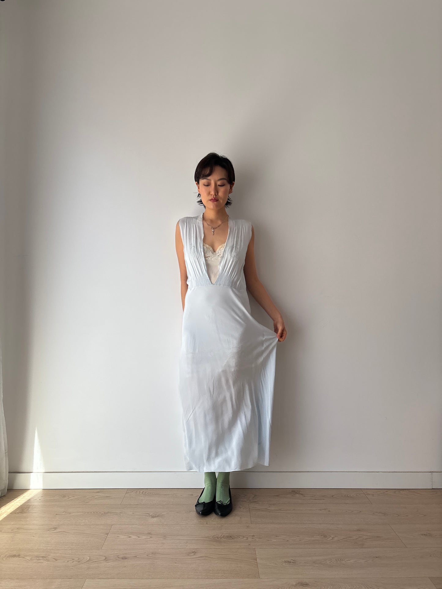 1930s Bias Cut Silk Crepe Gown in Blue