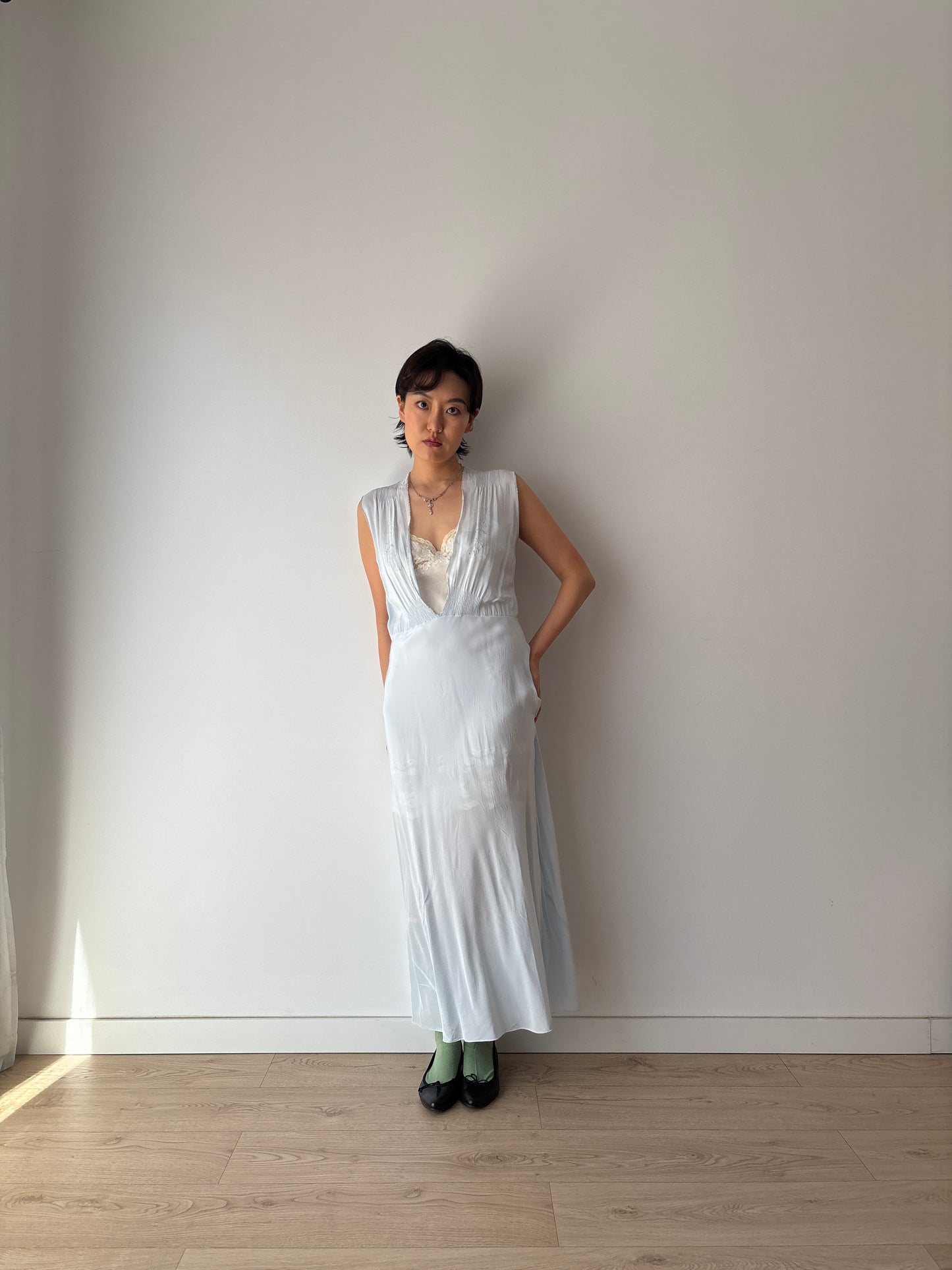 1930s Bias Cut Silk Crepe Gown in Blue