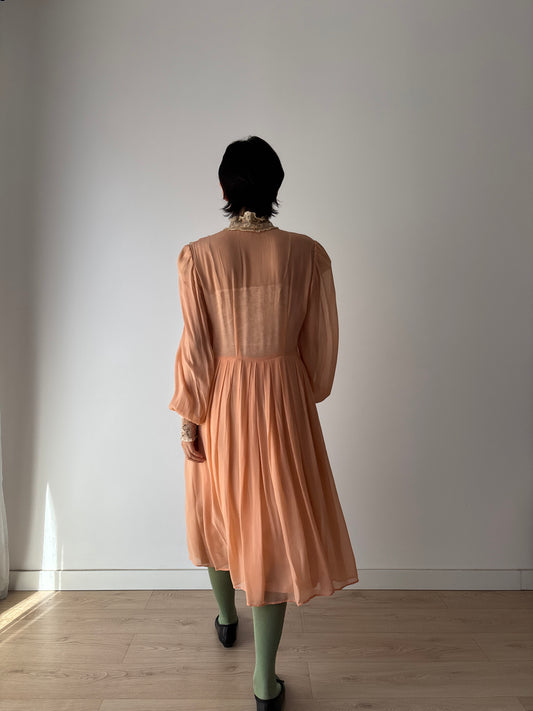 Rare 1930s peach silk bow dress