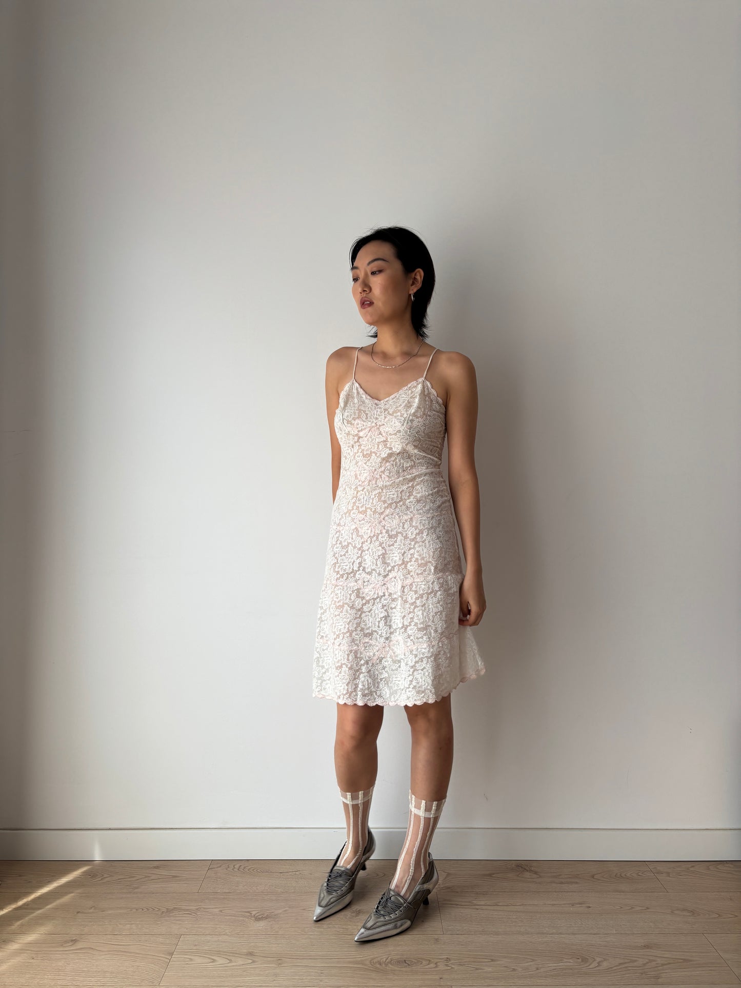 1940s 1950s Antique Pastel Pink Bow Embroidered Lace Cotton Slip underdress