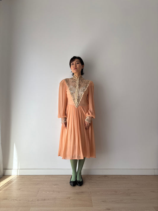 Rare 1930s peach silk bow dress