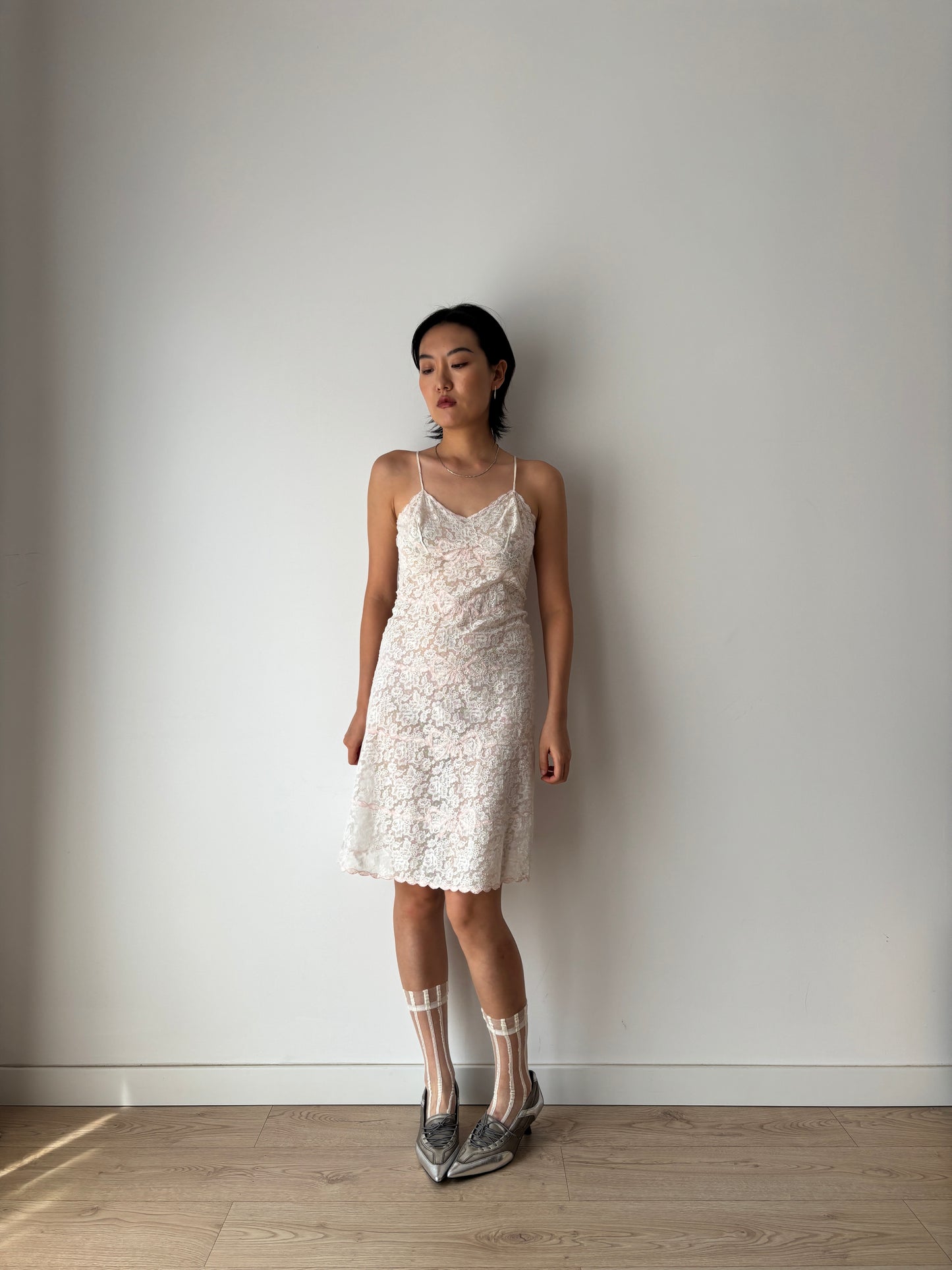 1940s 1950s Antique Pastel Pink Bow Embroidered Lace Cotton Slip underdress