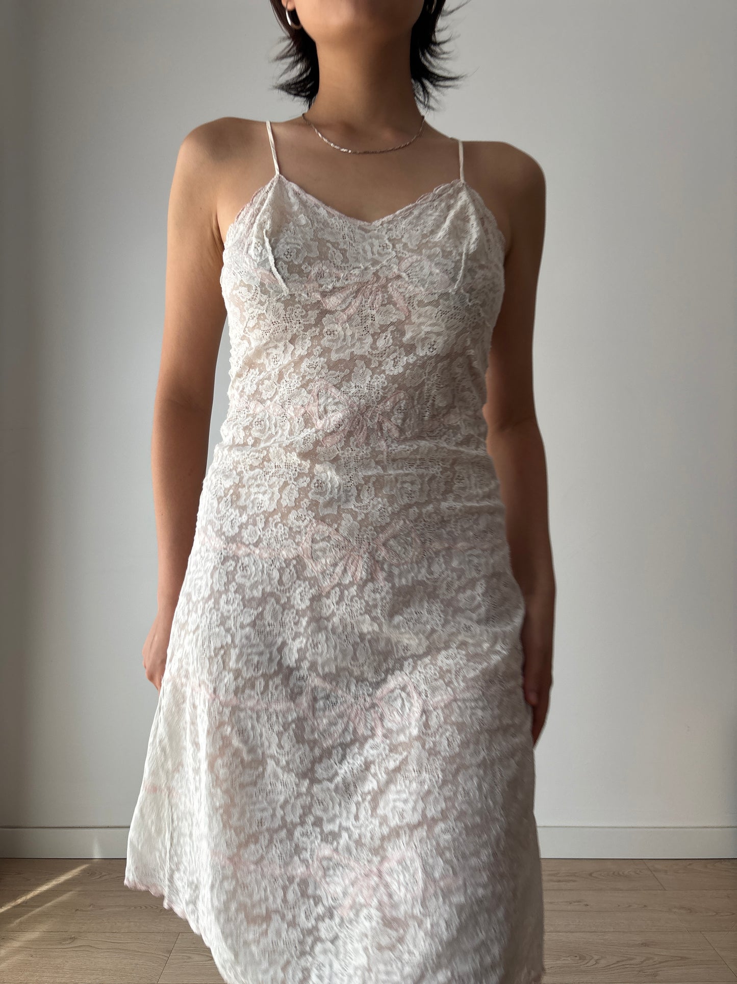 1940s 1950s Antique Pastel Pink Bow Embroidered Lace Cotton Slip underdress