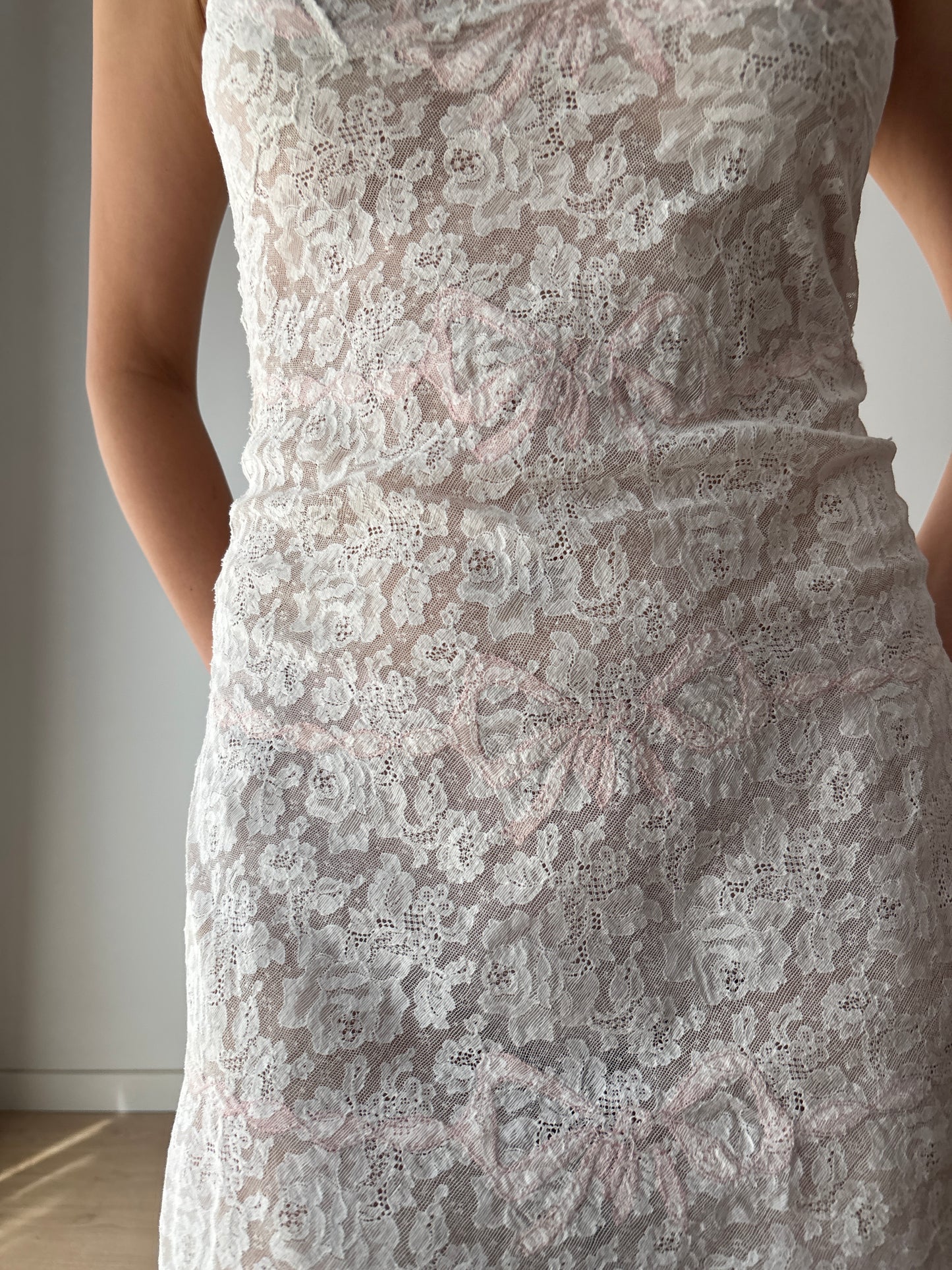 1940s 1950s Antique Pastel Pink Bow Embroidered Lace Cotton Slip underdress