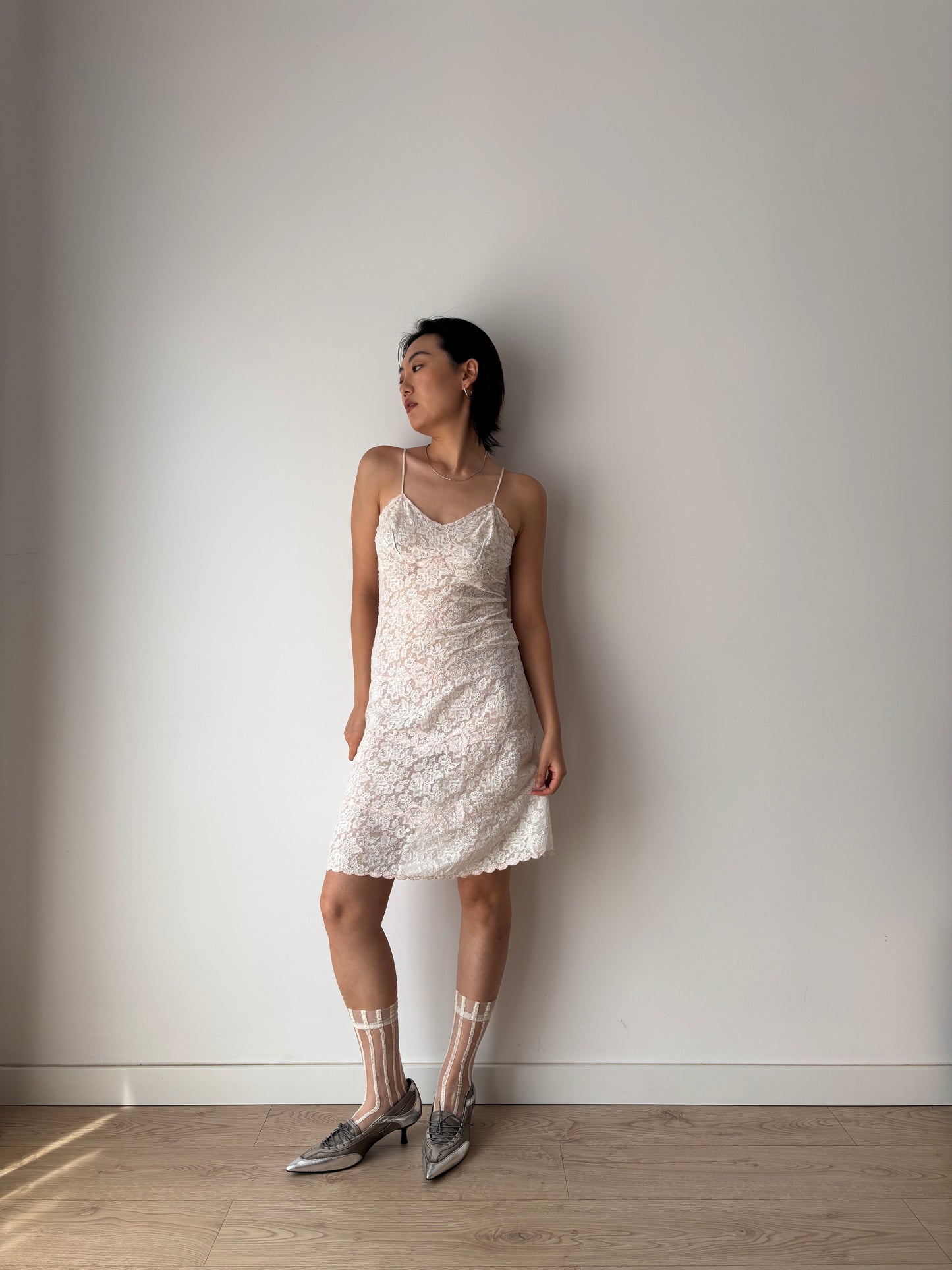 1940s 1950s Antique Pastel Pink Bow Embroidered Lace Cotton Slip underdress