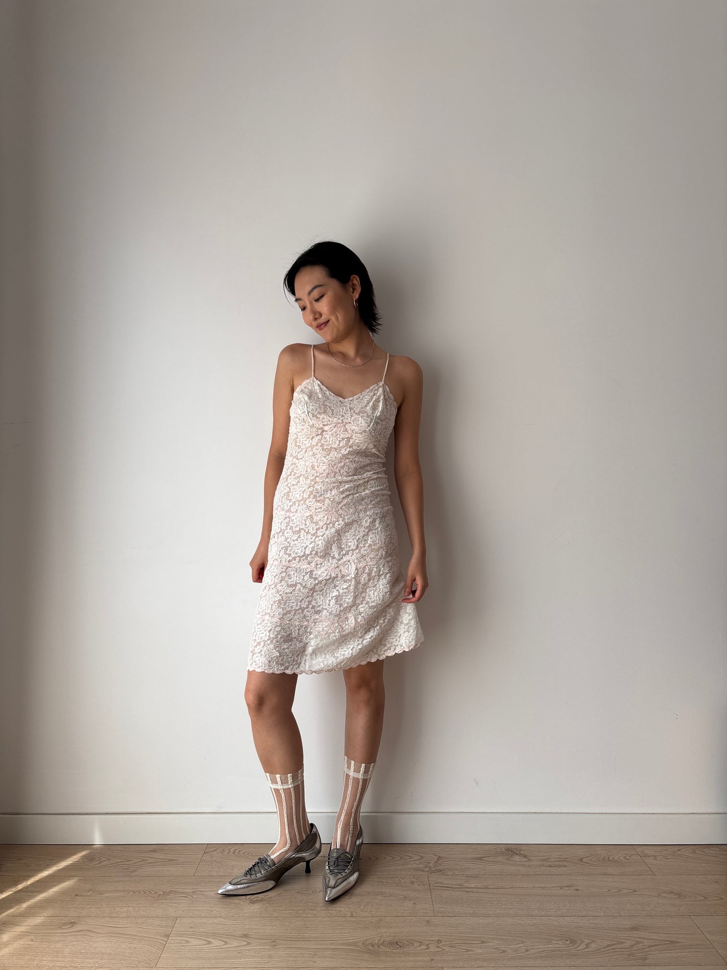 1940s 1950s Antique Pastel Pink Bow Embroidered Lace Cotton Slip underdress