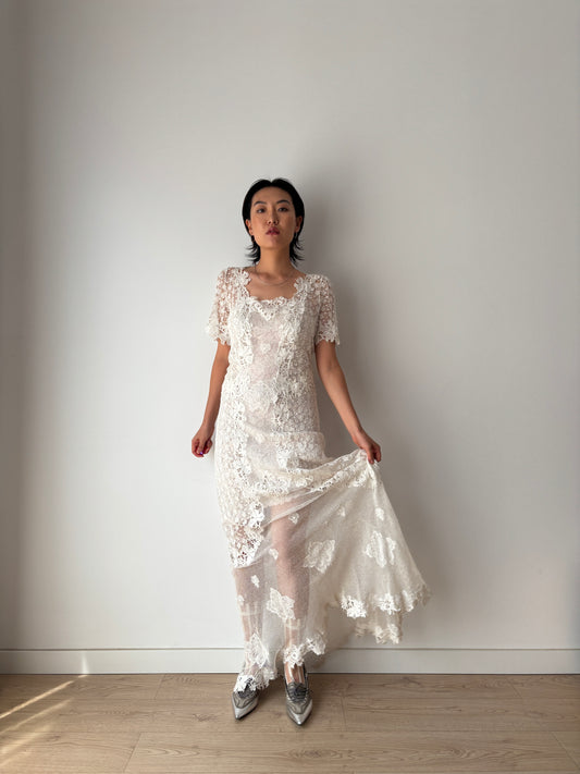 Antique 1900s–1910s Edwardian White Cotton Crochet Lawn Dress