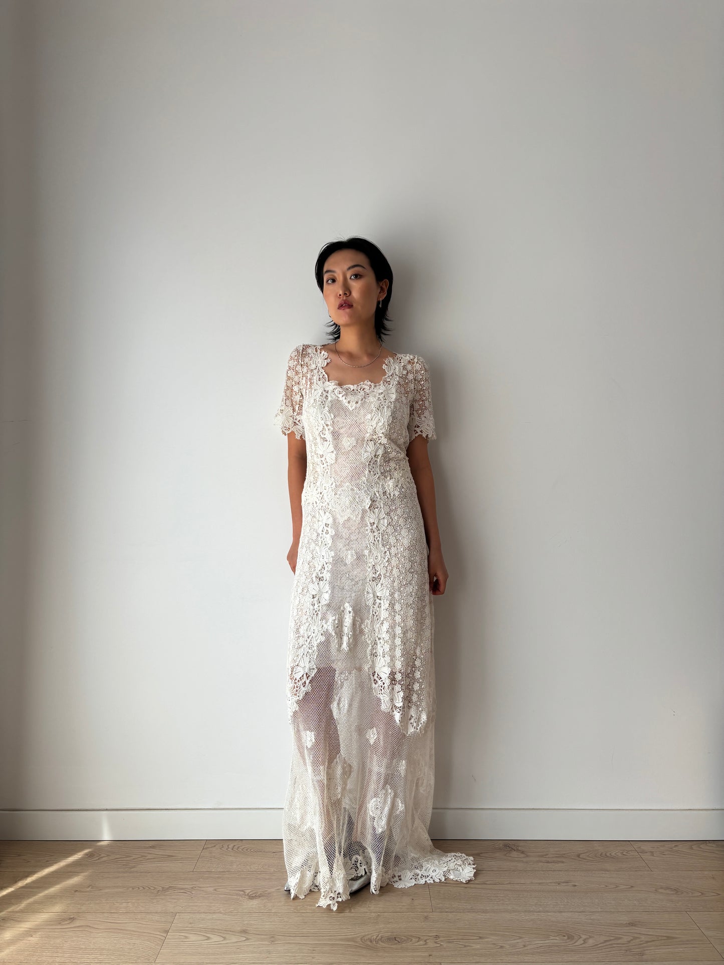 Antique 1900s–1910s Edwardian White Cotton Crochet Lawn Dress