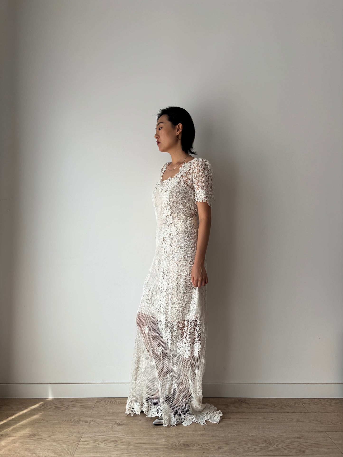 Antique 1900s–1910s Edwardian White Cotton Crochet Lawn Dress