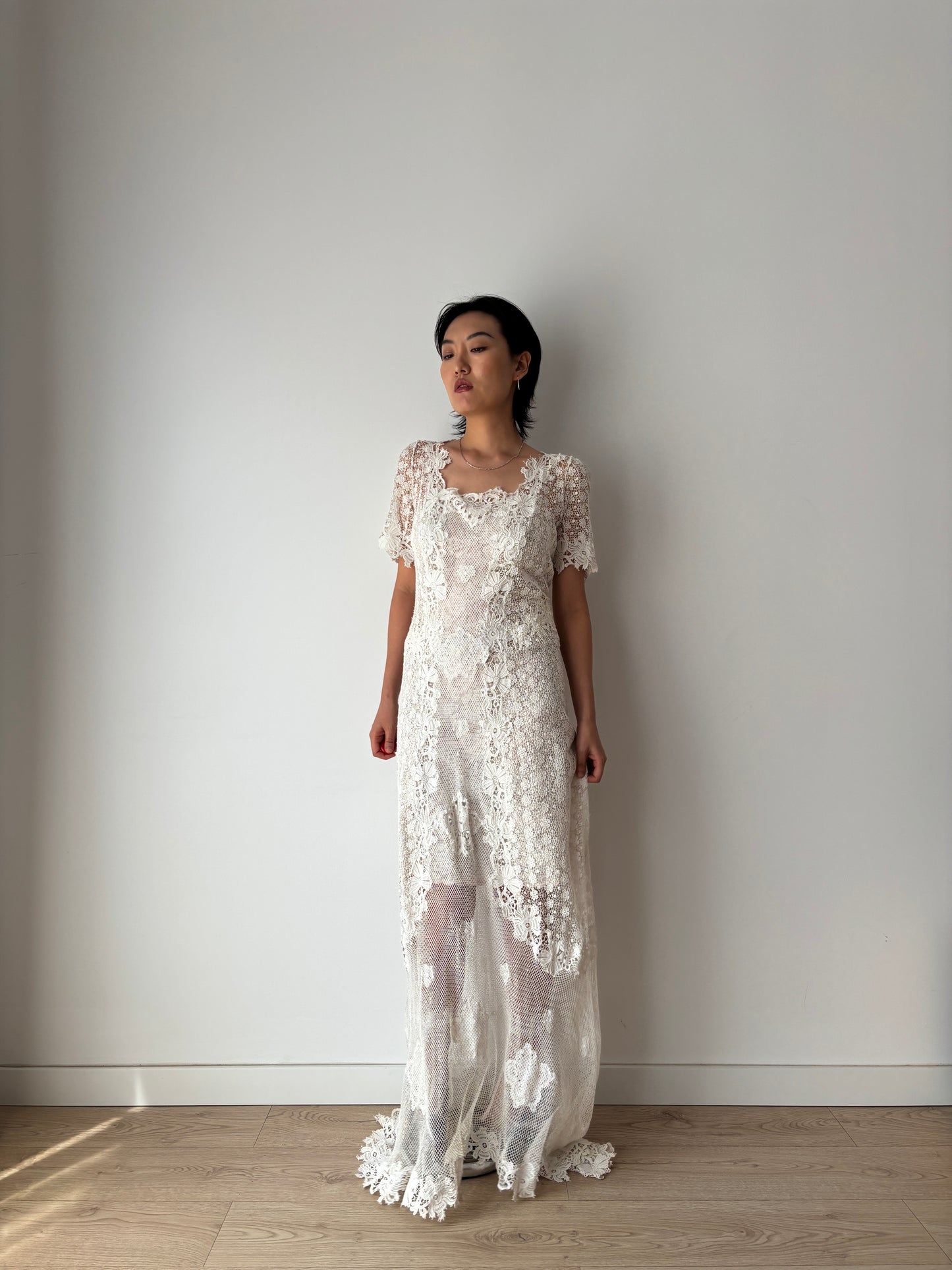 Antique 1900s–1910s Edwardian White Cotton Crochet Lawn Dress