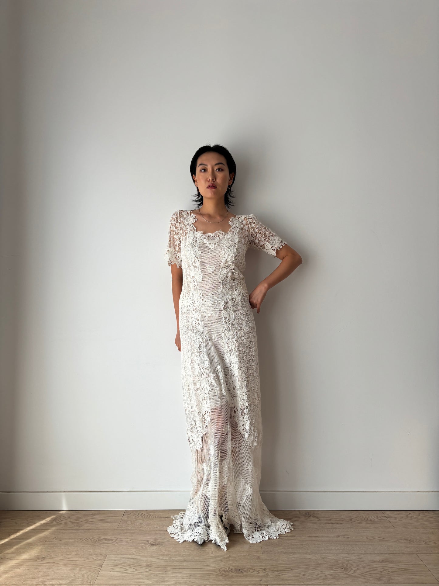 Antique 1900s–1910s Edwardian White Cotton Crochet Lawn Dress