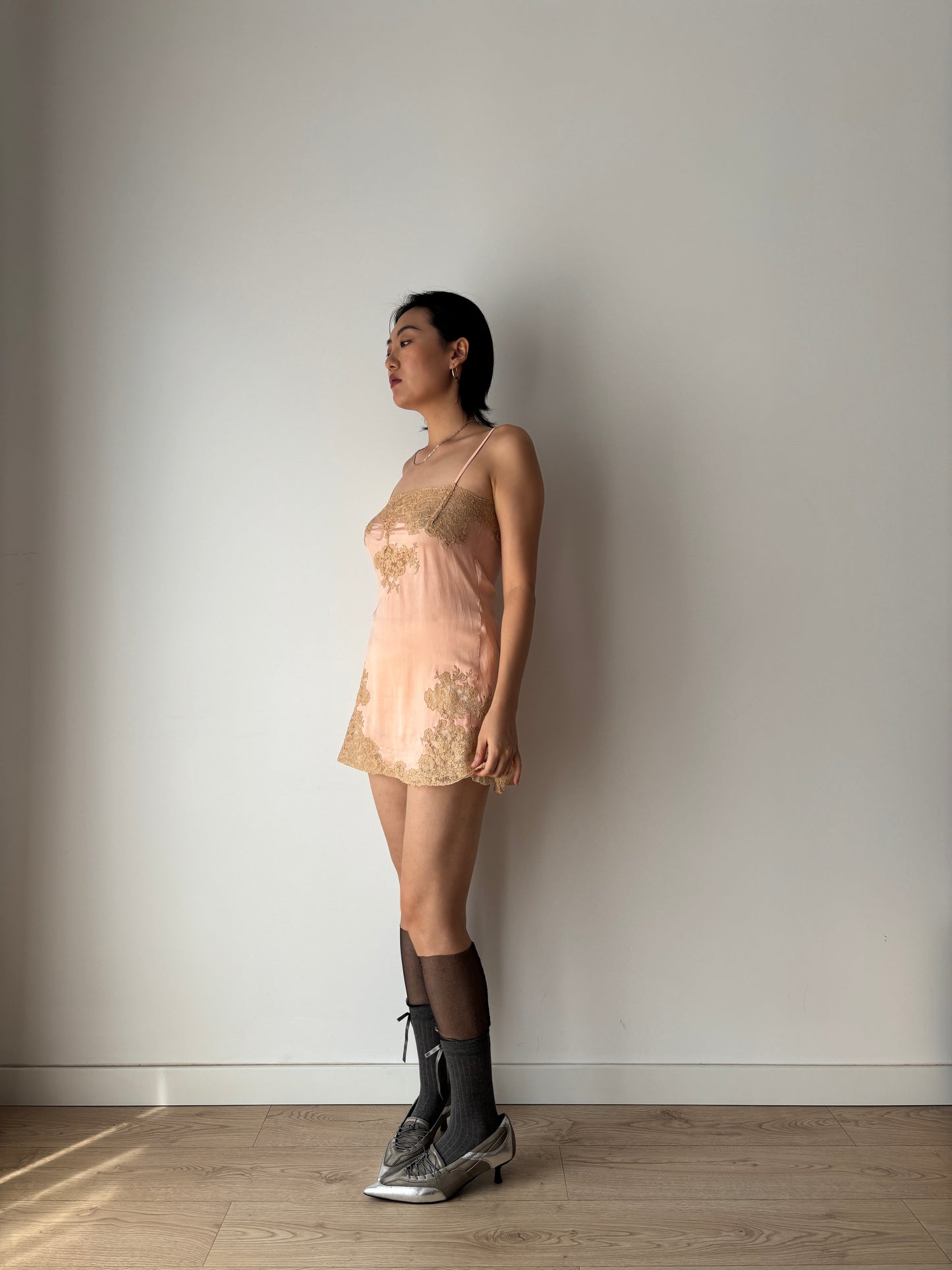 1920s Antique Peach Pink Flower Lace Embroidered Silk Satin mini dress / top