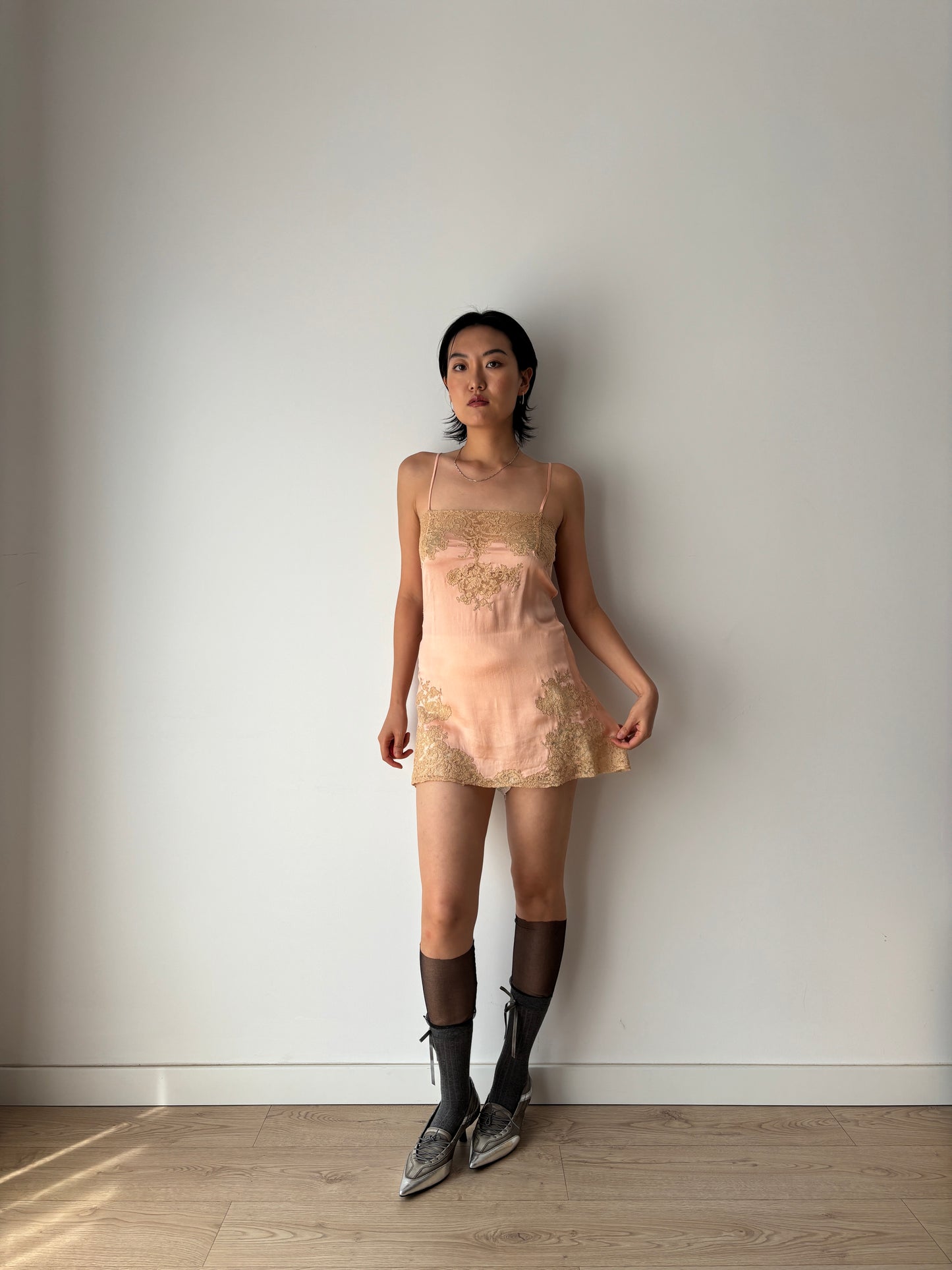 1920s Antique Peach Pink Flower Lace Embroidered Silk Satin mini dress / top