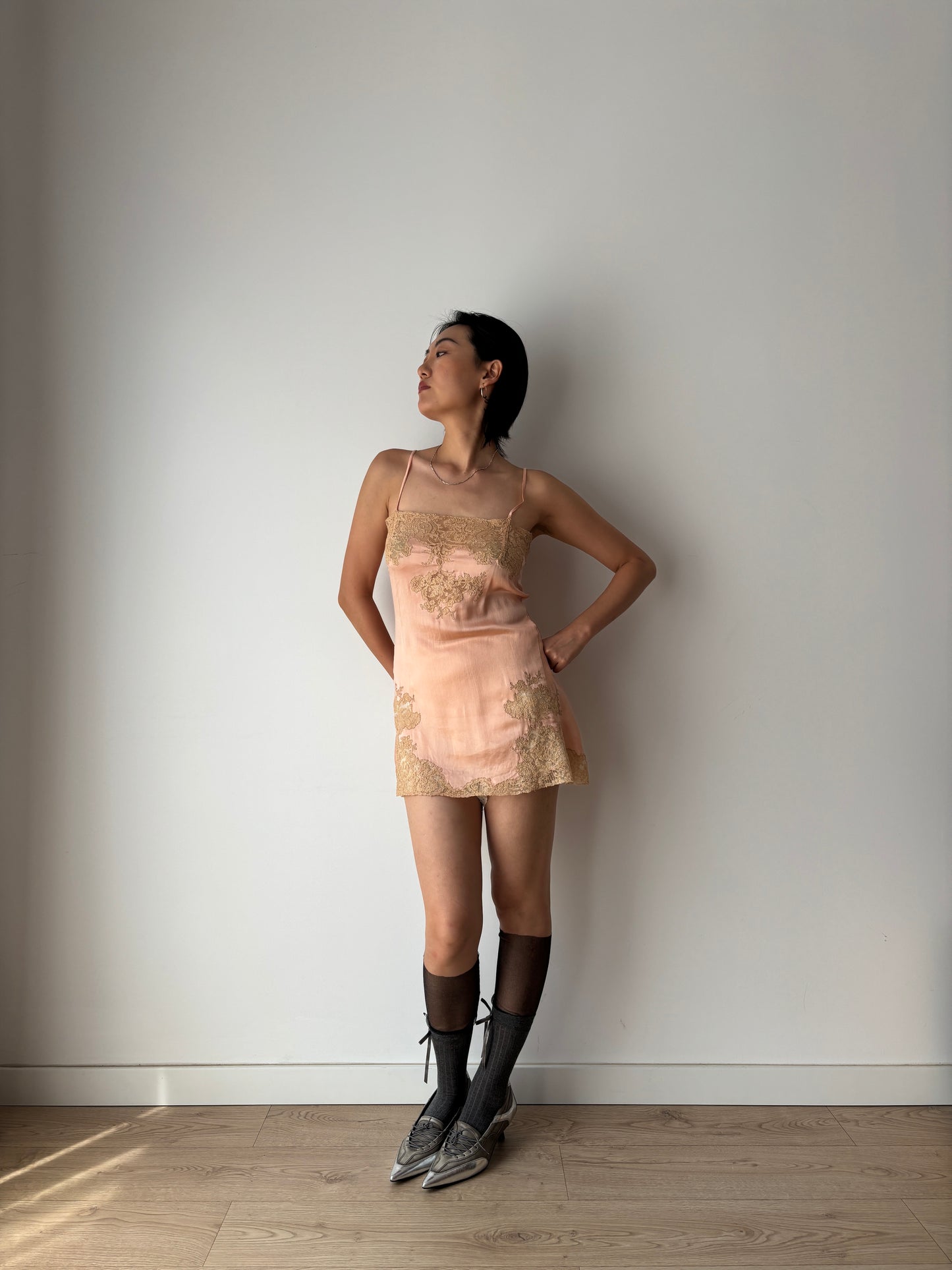 1920s Antique Peach Pink Flower Lace Embroidered Silk Satin mini dress / top