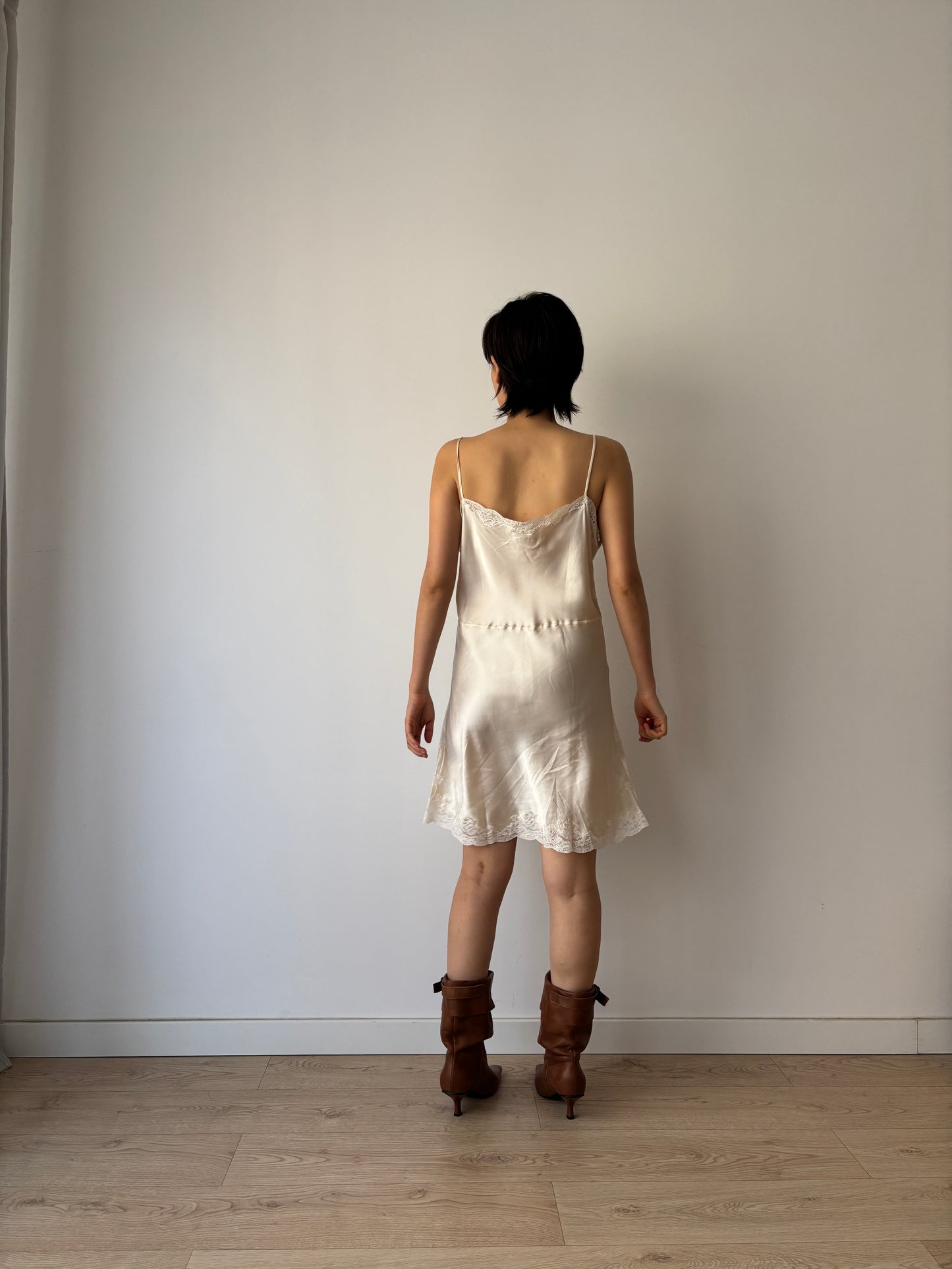 1930s Vintage Lace Silk Slip Dress, Bridal Antique White Mini Dress