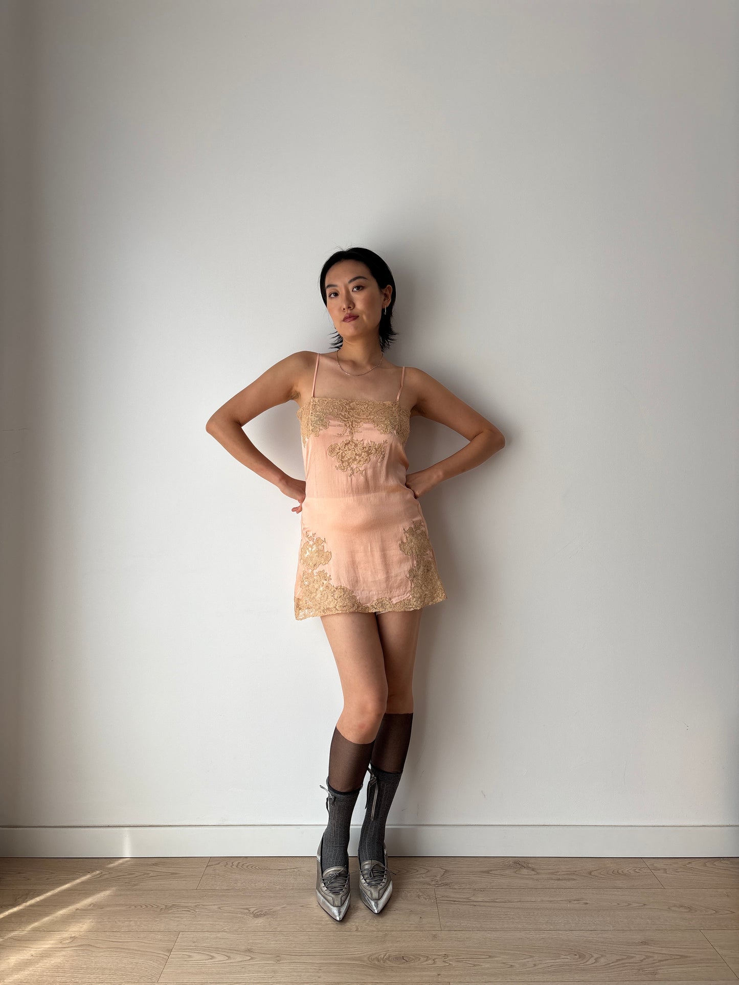 1920s Antique Peach Pink Flower Lace Embroidered Silk Satin mini dress / top