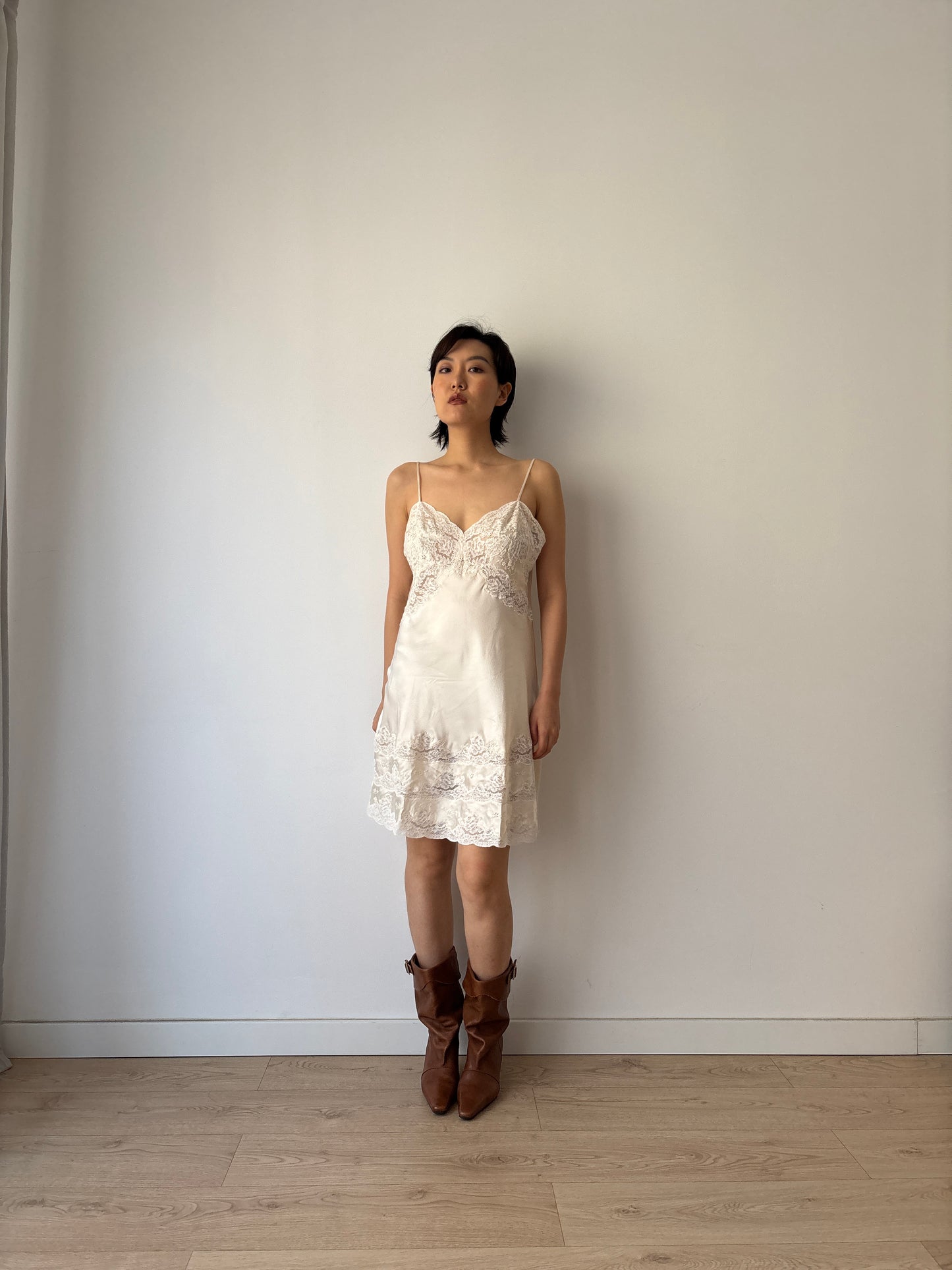 1930s Vintage Lace Silk Slip Dress, Bridal Antique White Mini Dress