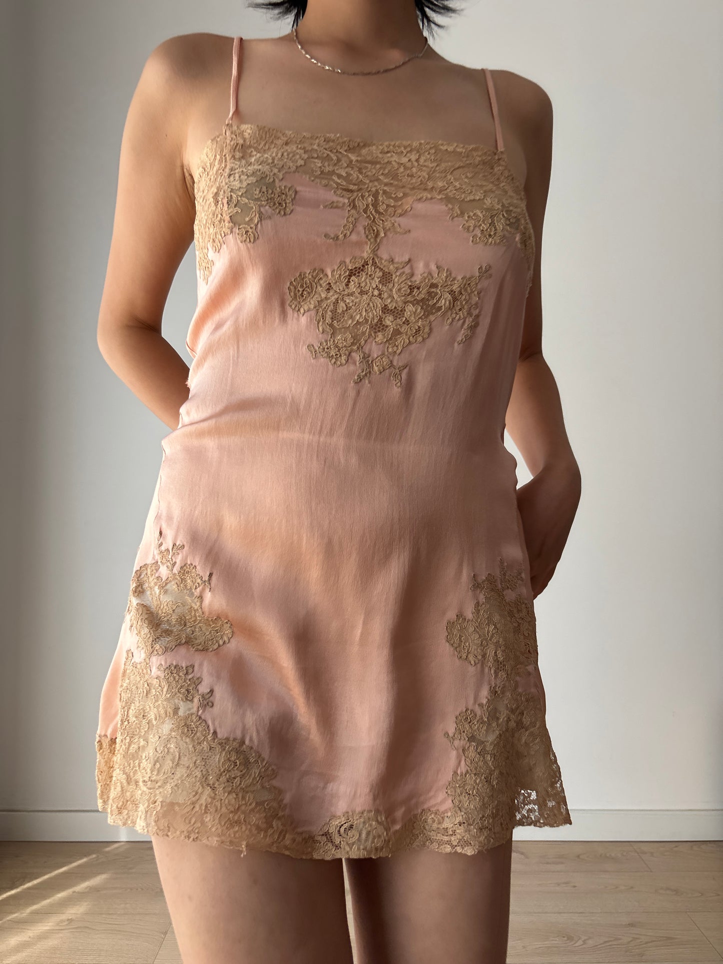 1920s Antique Peach Pink Flower Lace Embroidered Silk Satin mini dress / top