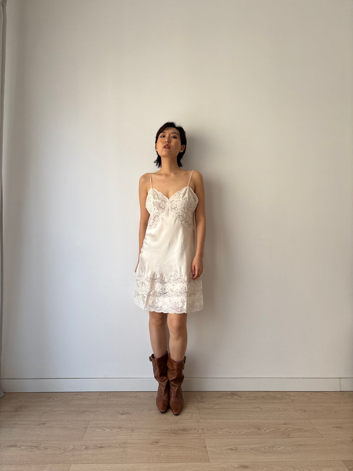 1930s Vintage Lace Silk Slip Dress, Bridal Antique White Mini Dress