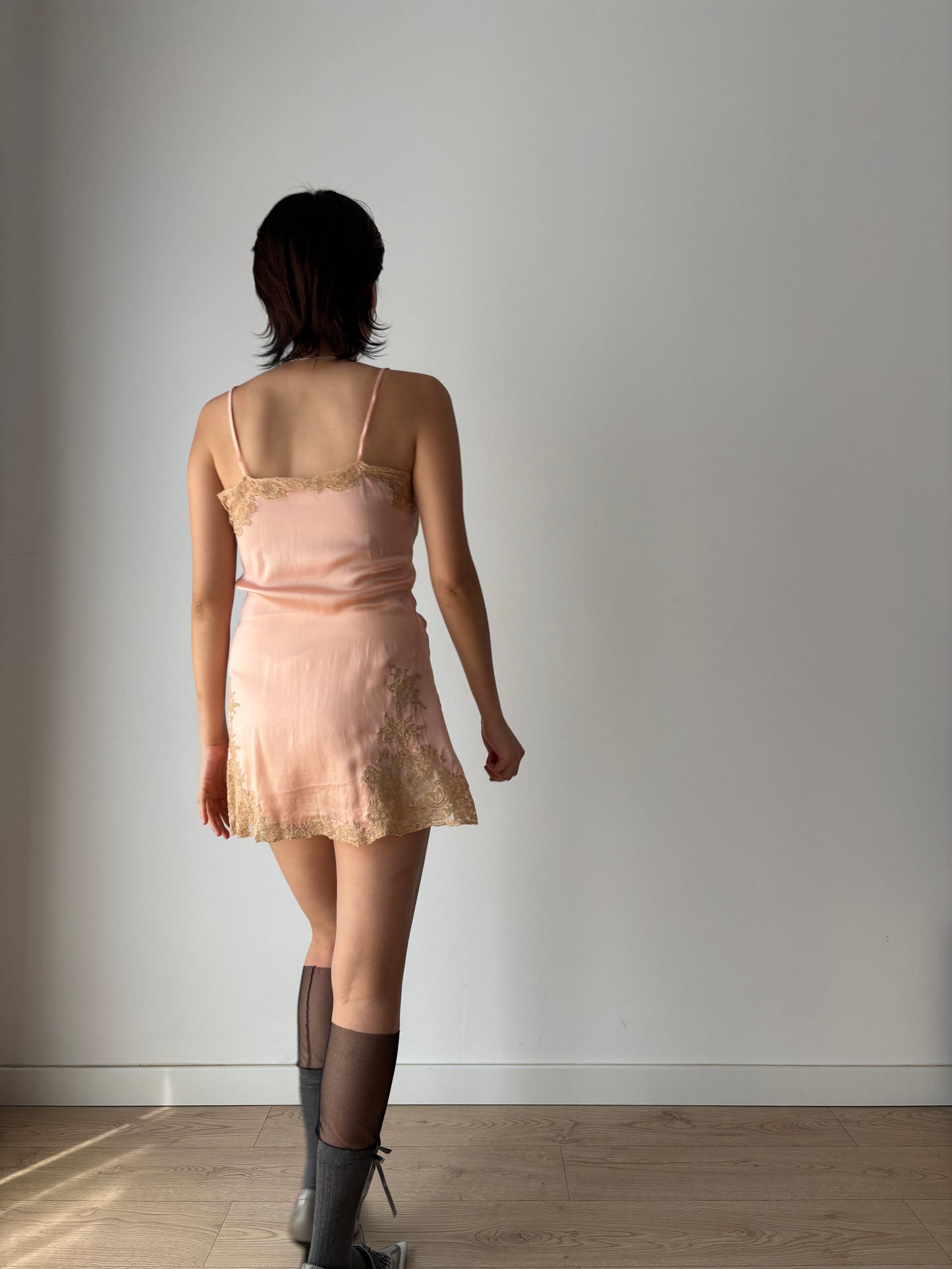 1920s Antique Peach Pink Flower Lace Embroidered Silk Satin mini dress / top