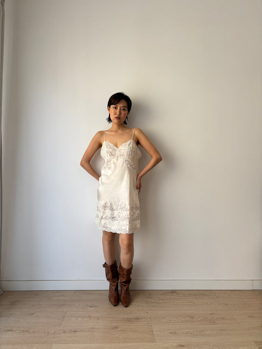 1930s Vintage Lace Silk Slip Dress, Bridal Antique White Mini Dress
