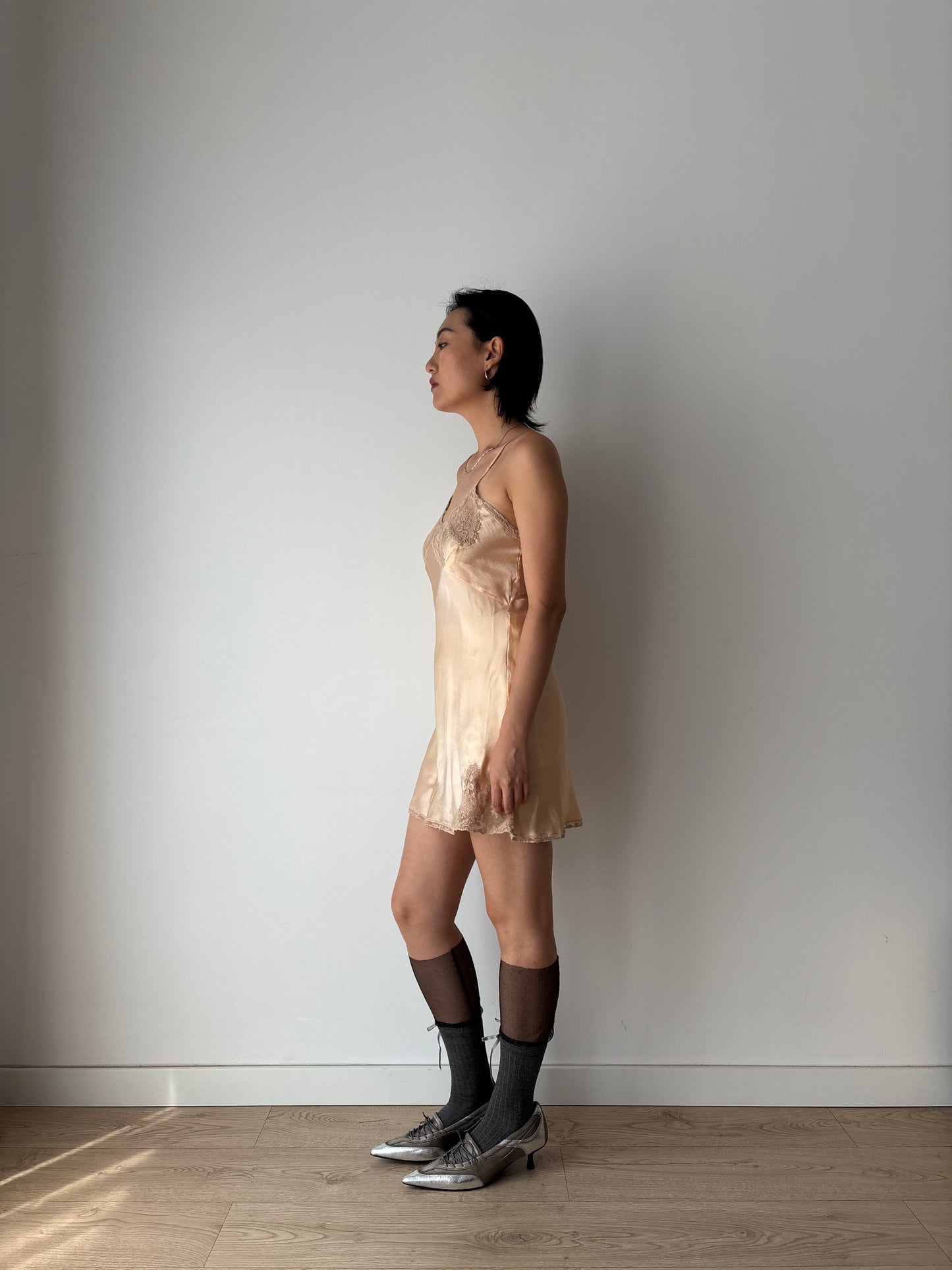 1920s Antique Peach Hand Embroidered Lace Silk Mini Slip Dress