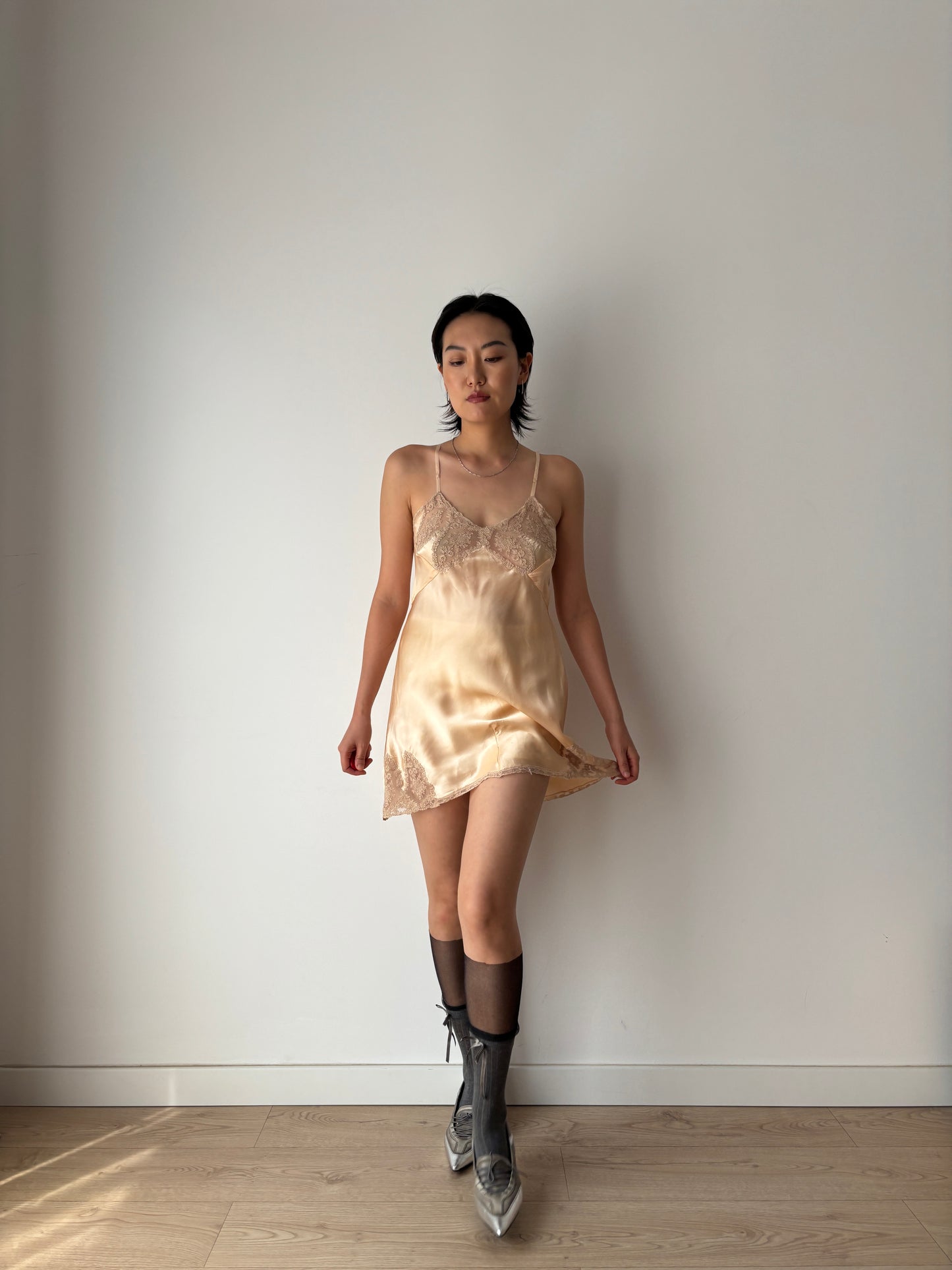 1920s Antique Peach Hand Embroidered Lace Silk Mini Slip Dress