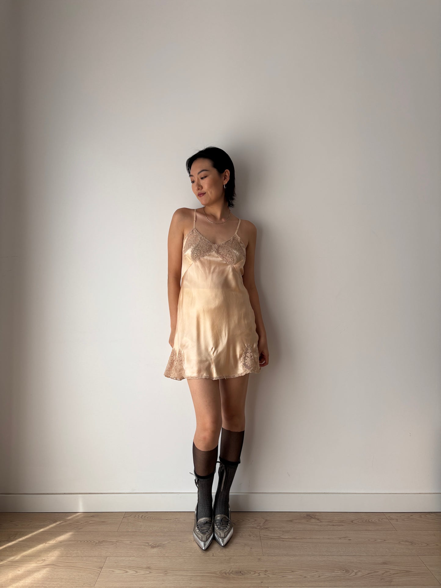 1920s Antique Peach Hand Embroidered Lace Silk Mini Slip Dress